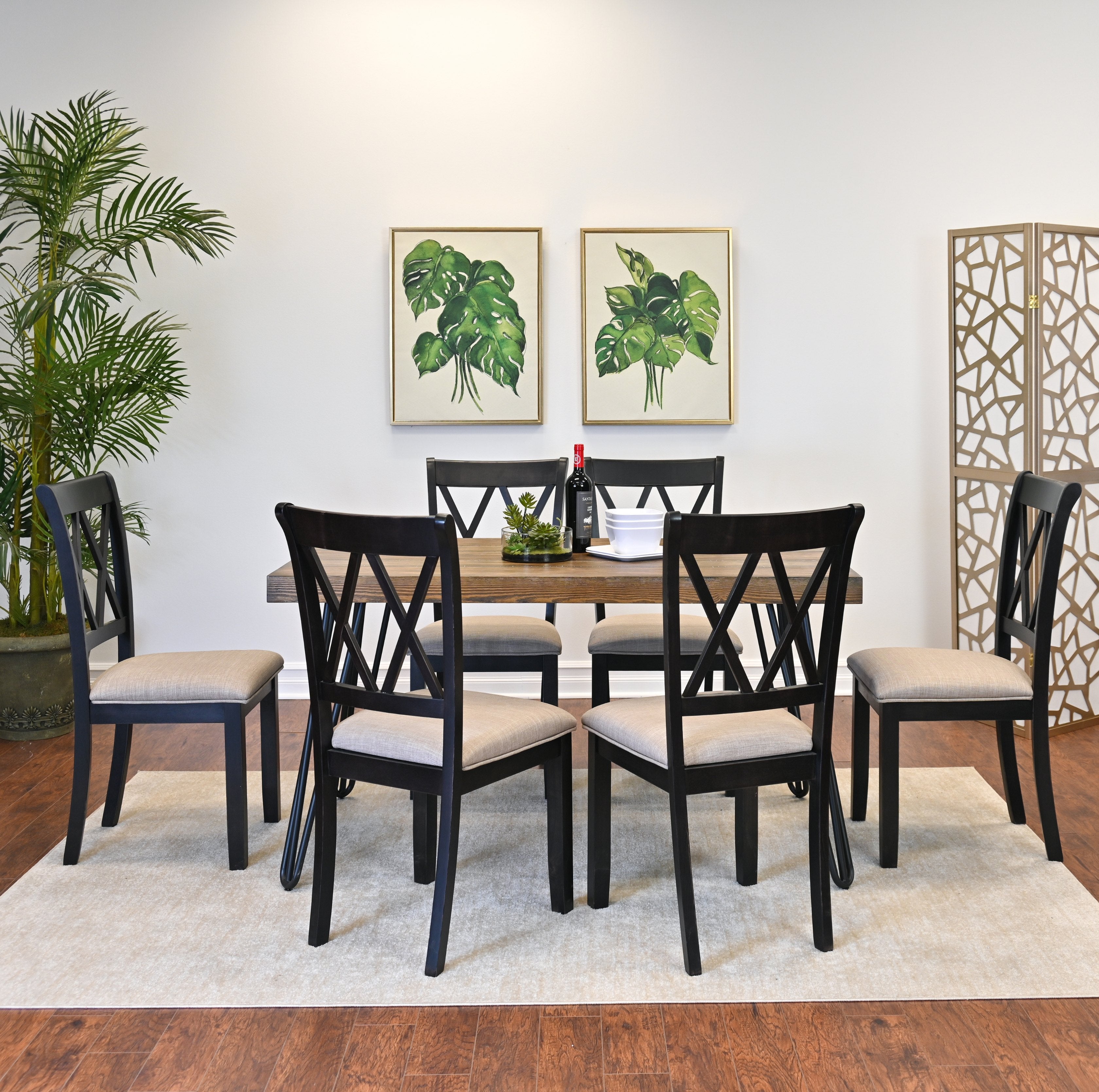 Roundhill Furniture Arroyo 7-Piece Dining Set - Hairpin Leg Dining Table with 6 Cross Back Chairs in Rich Black | Modern Kitchen & Dining Room Furniture for Small Spaces