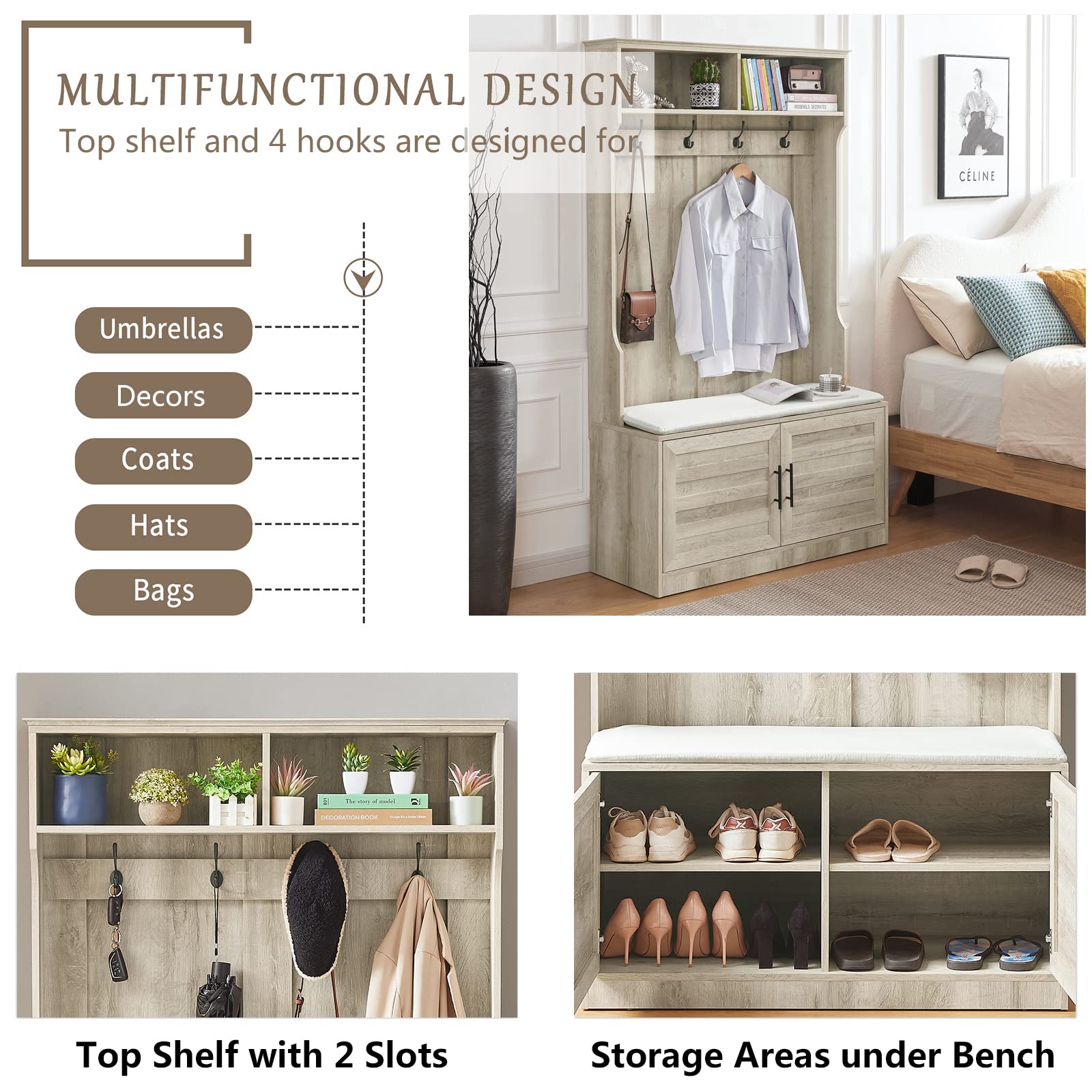 Farmhouse Hall Tree with Padded Storage Bench - Entryway Coat Rack & Shoe Cabinet - White Oak Mudroom Organizer for Coats, Shoes & Accessories - Perfect for Small Spaces, Apartments & Farmhouse Entryways