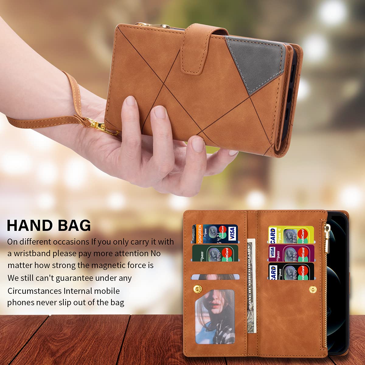 Magnetic Leather Zipper Wallet Case for iPhone 13 (6.1 inch) - Flip Cover with Wrist Strap, Card Holder & Kickstand | Perfect for Travel, Shopping & Everyday Use