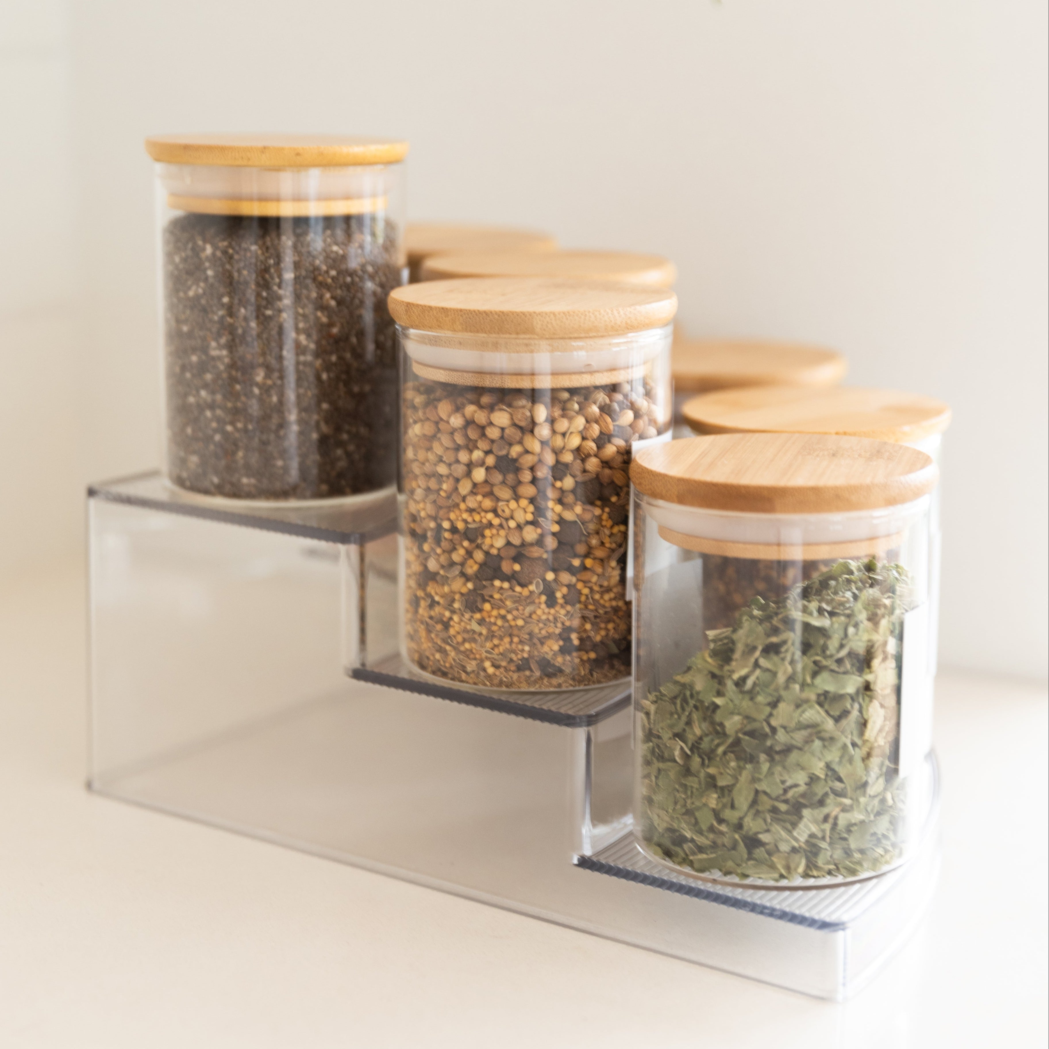 Clear 3-Tier Corner Spice Rack Organizer with 8x 200ml Glass Jars - Space-Saving Kitchen Storage for Countertop, Pantry & Cabinet Organization