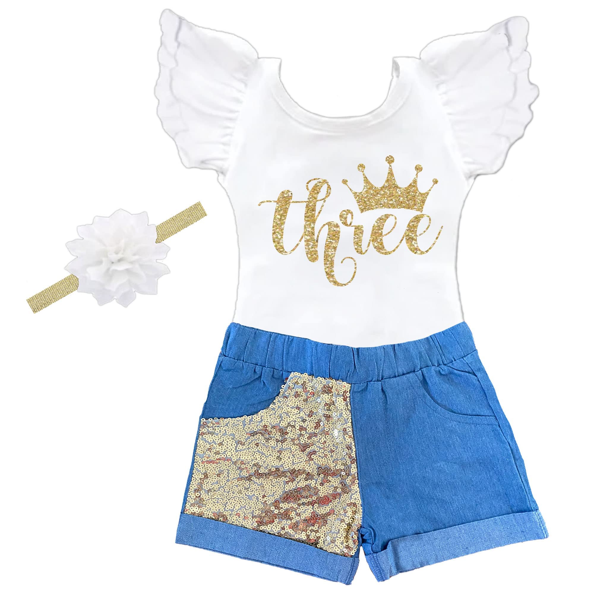 Personalized Baby Girl Birthday Outfit - 1st 2nd 3rd 4th 5th Birthday Dress & Shorts Set in Gold & White (Size 2T) | Perfect for Photoshoots, Parties & Special Celebrations