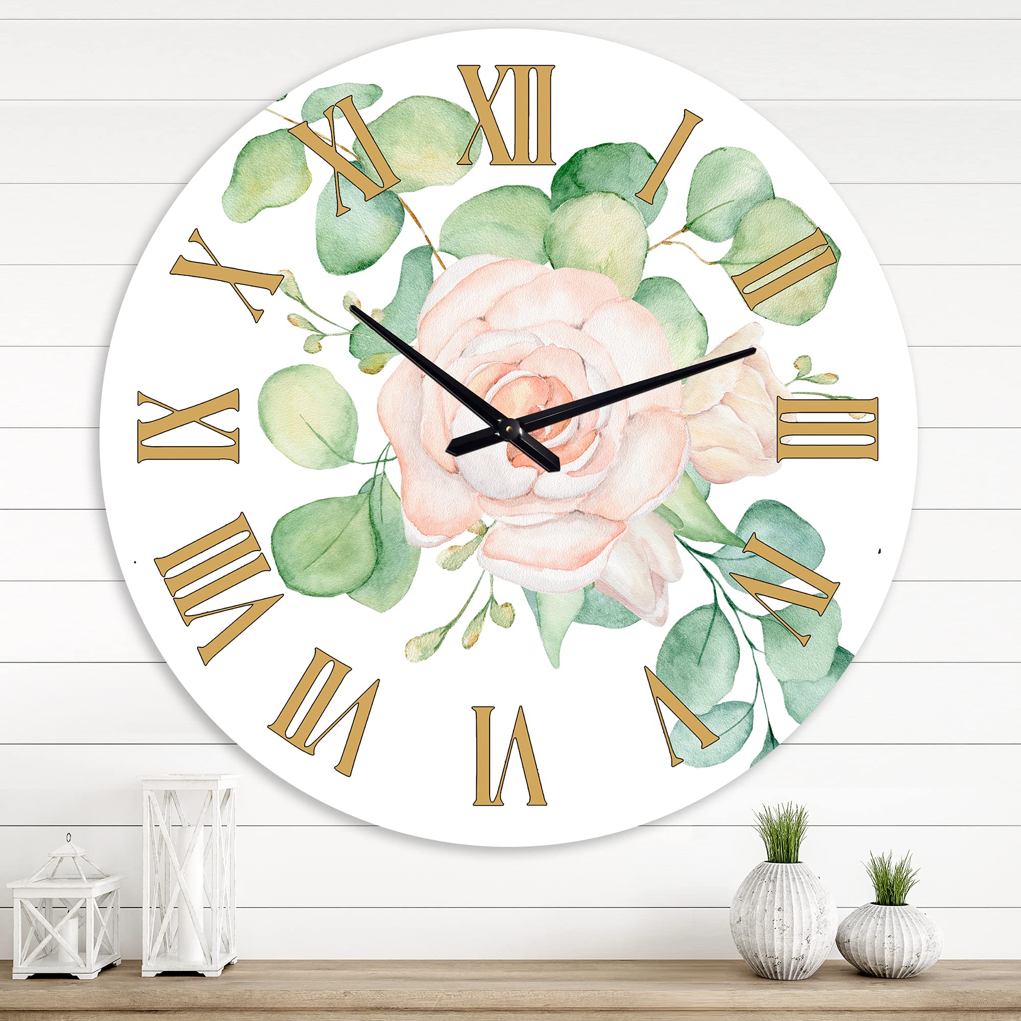 DesignQ Traditional Wall Clock - Pink Roses & Eucalyptus Leaves Floral Wall Decor | Large Vintage Style Clock for Bedroom, Living Room, Office | Perfect Home Decor Gift for Housewarming, Wedding