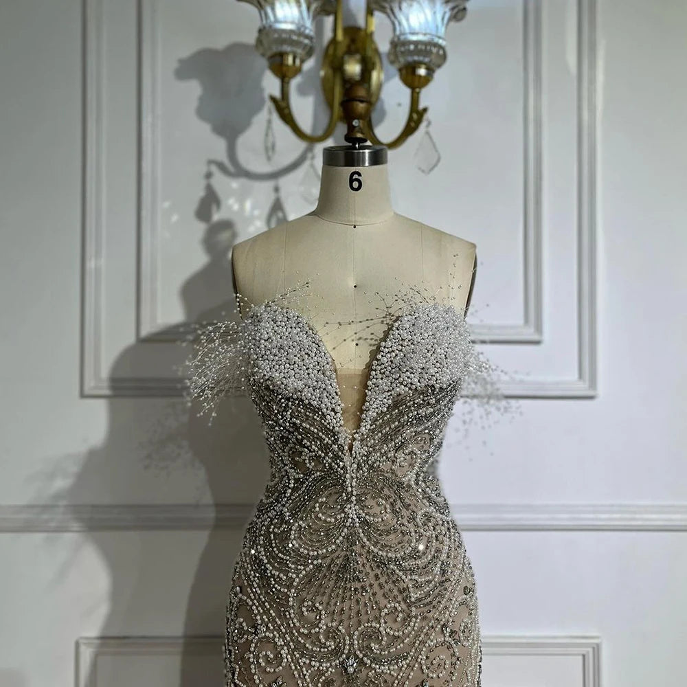 Luxury Dubai White Nude Split Mermaid Pearl Beaded Evening Gown for Women - Elegant Wedding Party Dress LA72522 | Perfect for Bridal Showers, Red Carpet Events & Formal Galas