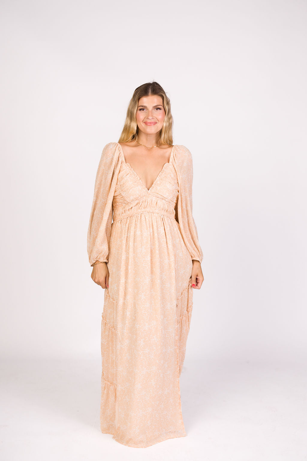 Daphne Long Sleeve Maxi Dress - Light Beige/White Floral Print | Bump Friendly Maternity & Inclusive Sizing (XS-3XL) | Perfect for Pregnancy, Weddings & Special Occasions