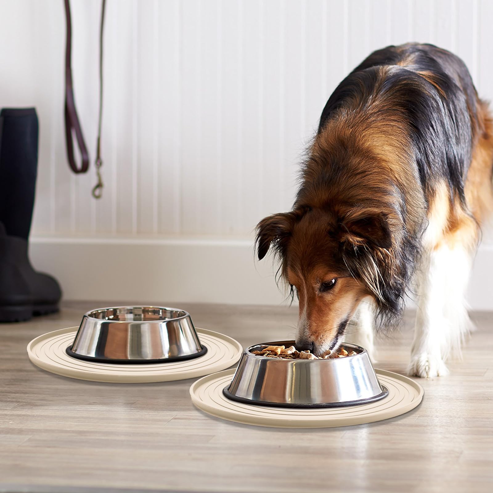 Non-Slip Waterproof Silicone Pet Feeding Mat for Dogs & Cats - 2 Pack Dog Bowl Mats for Food & Water - Small/Medium Pets Puppy Tray Mat Prevents Spills & Residues on Floor (Beige) - Perfect for Kitchen, Dining Area & Travel Use