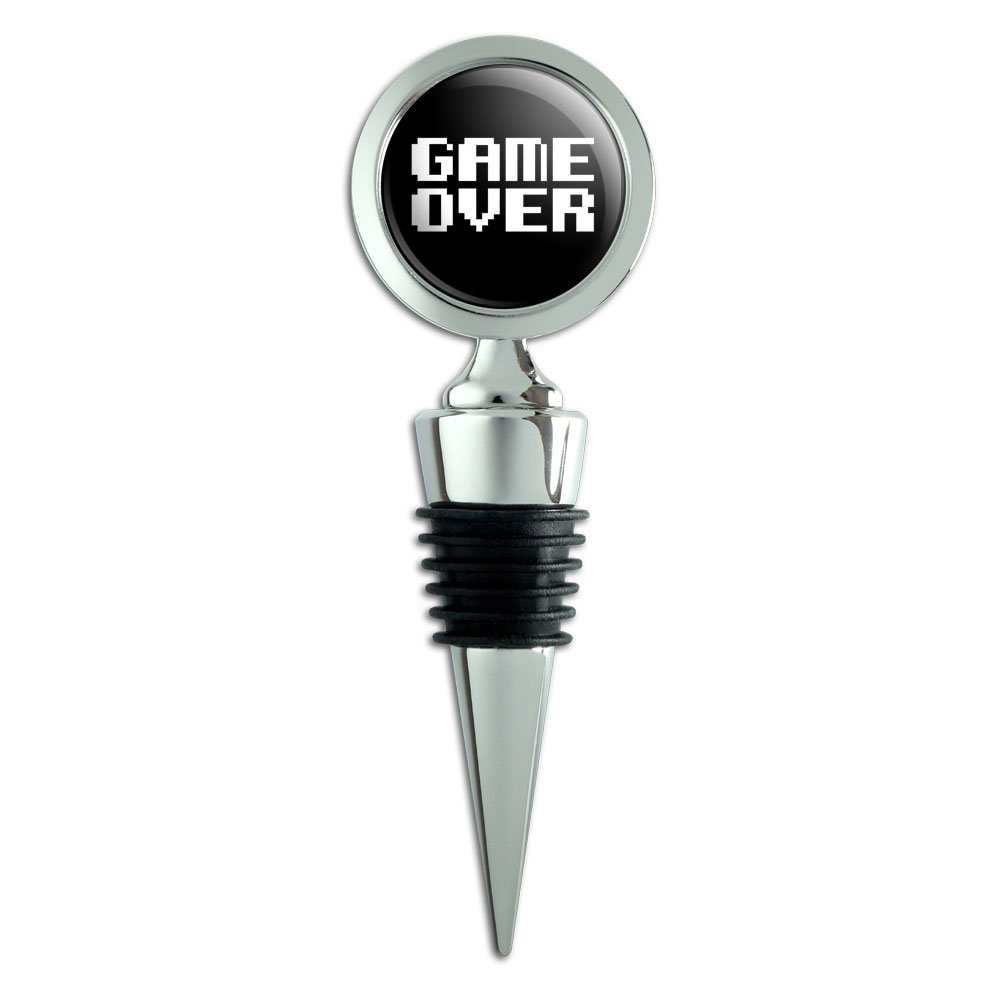 Game Over Gamer Pixel Font Geek Wine Bottle Stopper - Novelty Wine Cork for Gamers, Retro 8-Bit Design - Perfect for Video Game Parties & Geeky Gift Ideas
