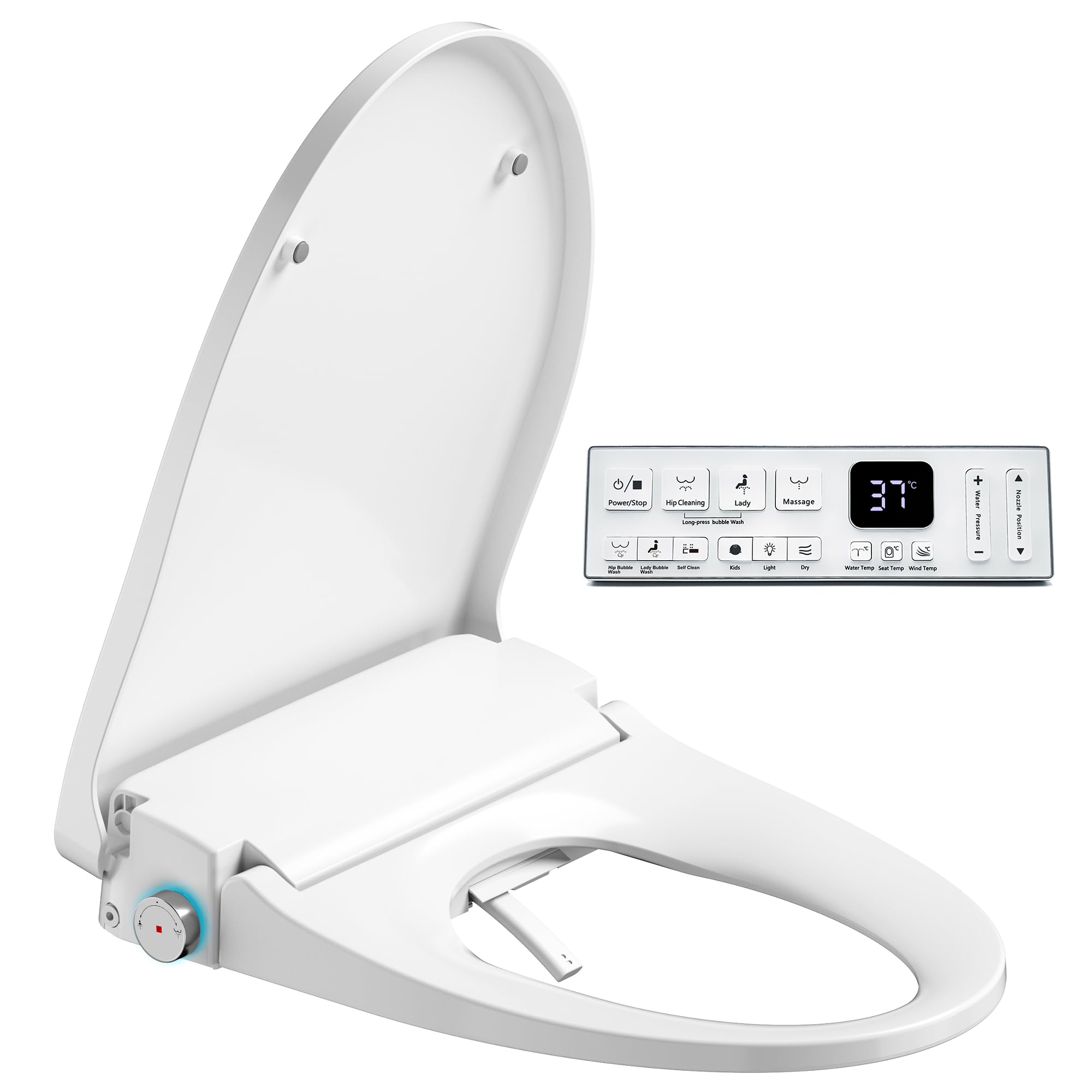 Electric Heated Bidet Toilet Seat with Warm Water & Heated Seat - Elongated Comfort, Warm Air Dryer, Continuous Warm Water, Remote Control, Curved Nozzle, 70