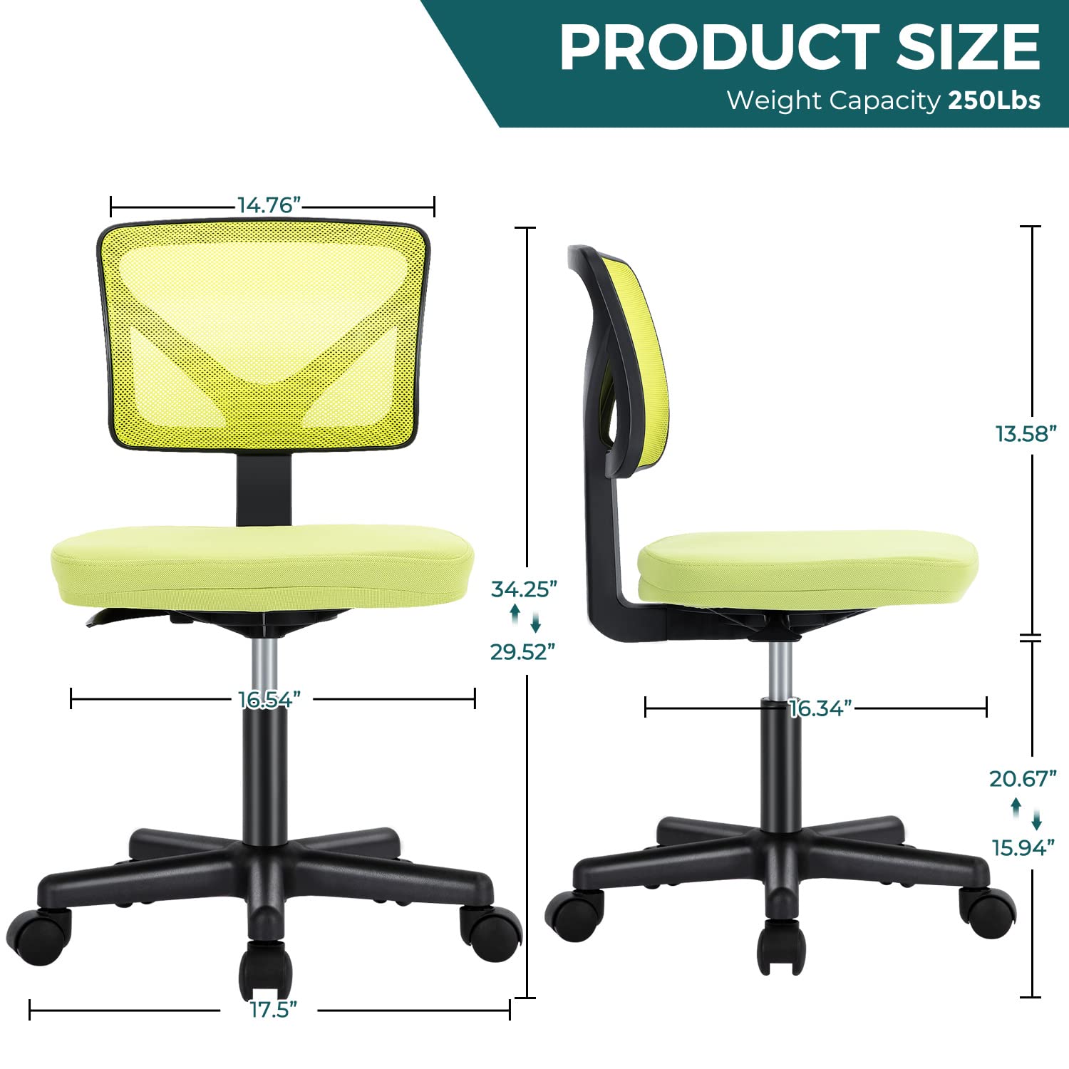 Ergonomic Armless Desk Chair with Wheels - Adjustable Swivel Rolling Task Chair for Home Office, Mesh Mid Back Computer Work Vanity Seat - Compact Design for Small Spaces (Green) - Perfect for Home Office, Gaming & Study Rooms