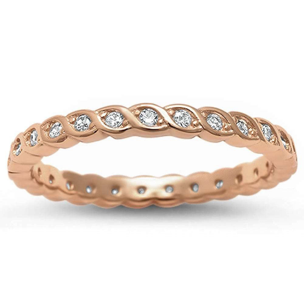 2mm Twisted Design Full Eternity Stackable Band Ring with Round CZ Stones - Rose Gold Rhodium Plated 925 Sterling Silver - Perfect for Wedding, Anniversary, Gift & Everyday Wear