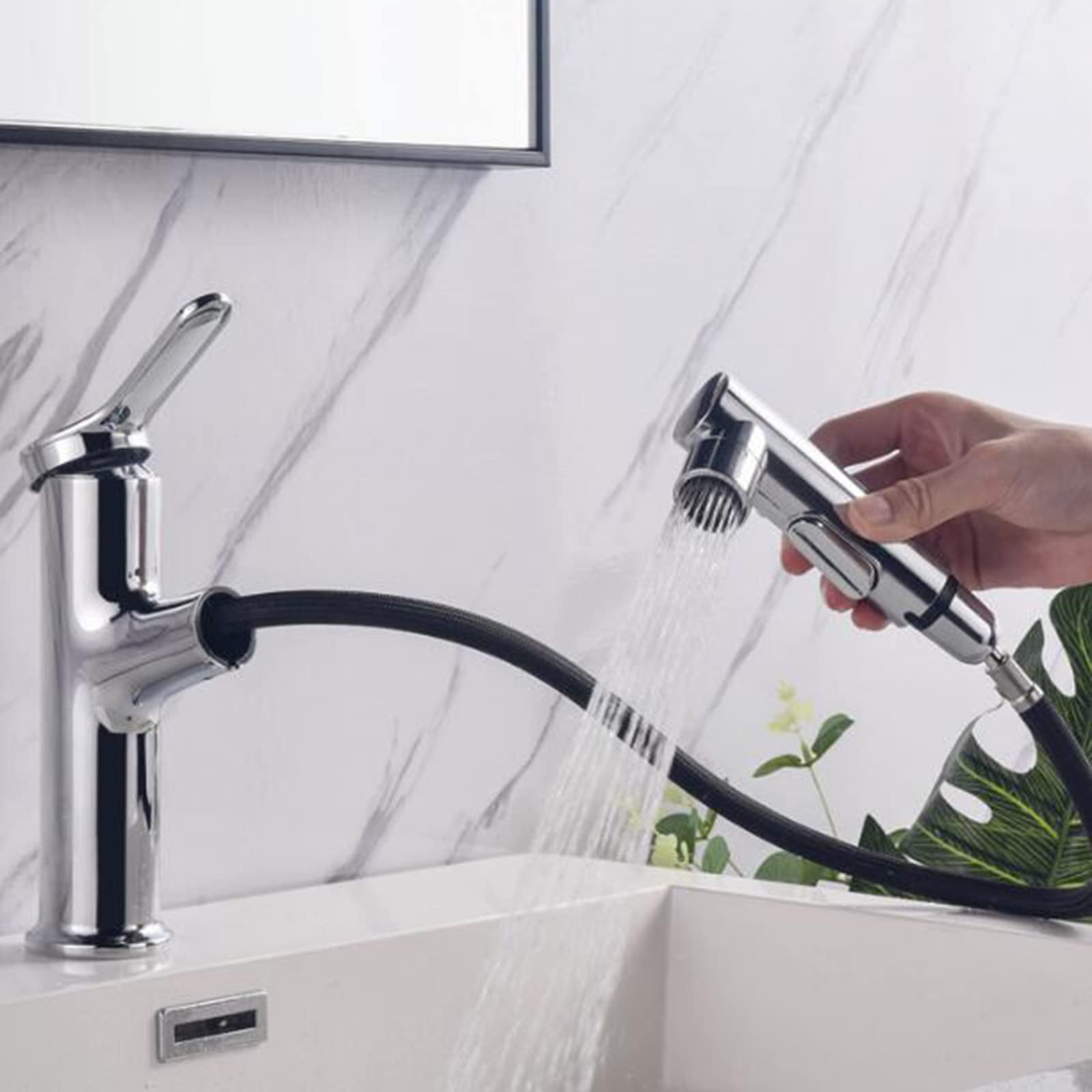 **Pull-Out Spray Basin Mixer Faucet - Chrome Finish, Brass Construction, Telescoping Design for Bathroom Sink | Perfect for Modern Bathrooms, Kitchenettes & RV Sinks**