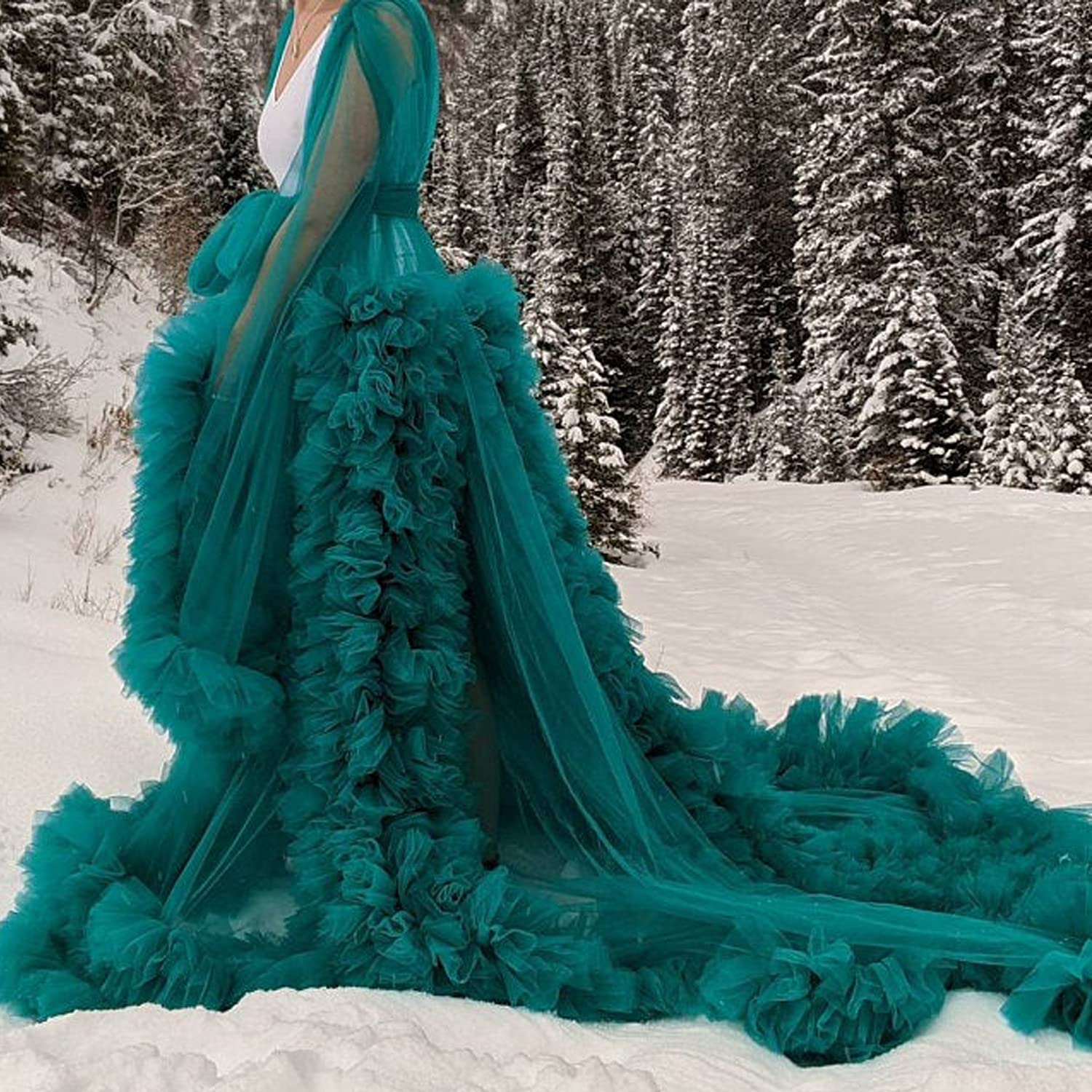 Elegant Tulle Maternity Robe - Long Lace Bridal Nightgown & Bathrobe for Pregnancy Photoshoots, Baby Showers and Special Occasions