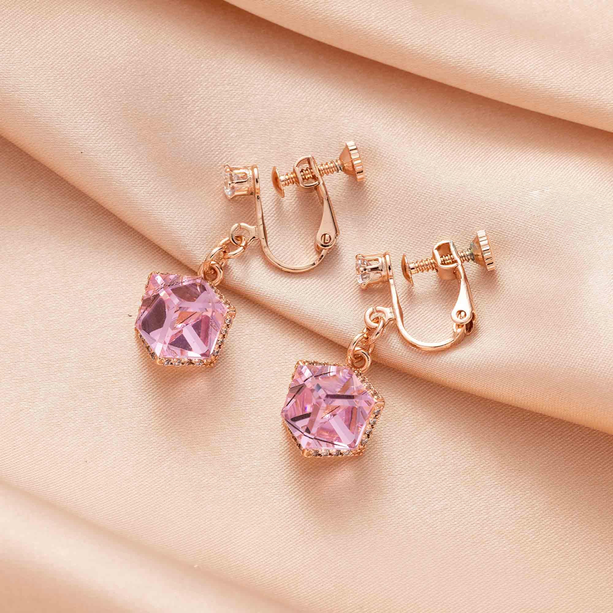 Cube Austrian Crystal Drop Clip-On Dangle Earrings for Women - Non-Pierced 14K Rose Gold Plated Hypoallergenic Jewelry - Perfect for Weddings, Parties & Special Occasions