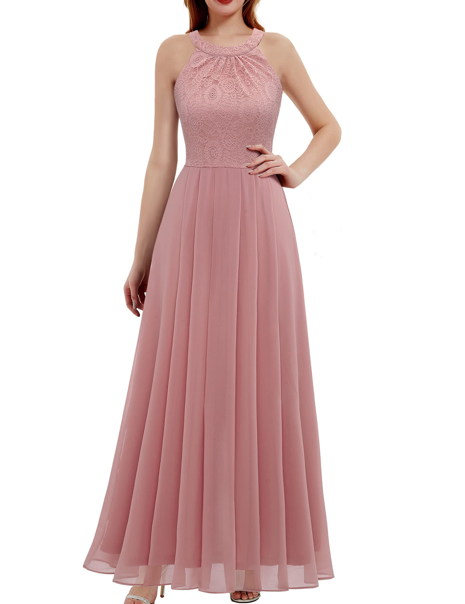 Elegant Women's Long Formal Halter Lace Chiffon Dress - Wedding, Bridesmaid, Prom & Evening Party Gown - Perfect for Special Occasions, Galas and Black Tie Events