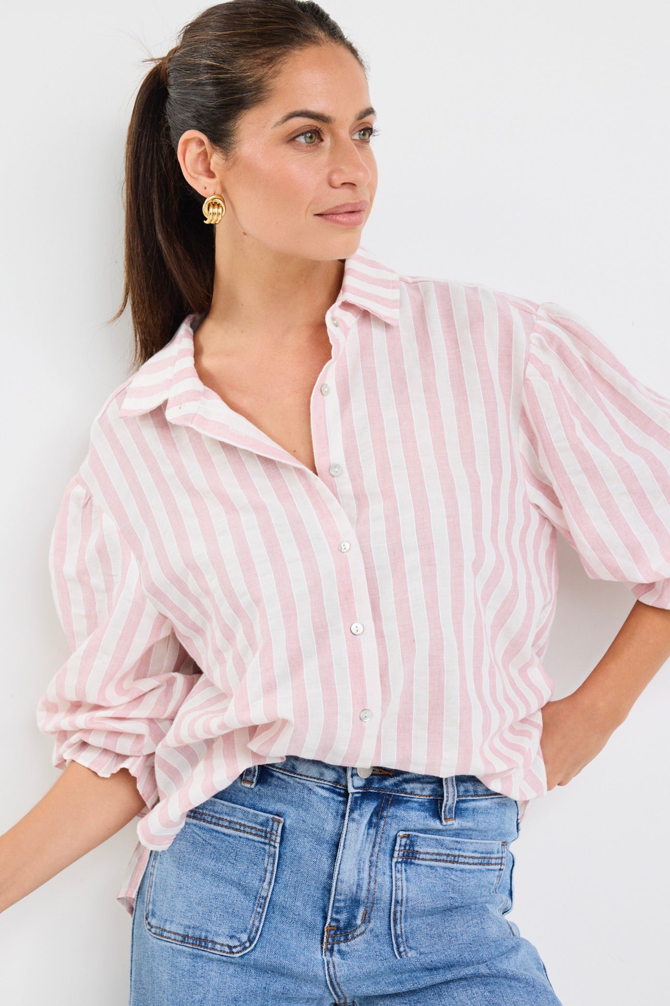 Pink Stripe Button Front Blouse for Women - Elegant Floral Print Casual Shirt - Perfect for Office, Date Night & Spring Outfits