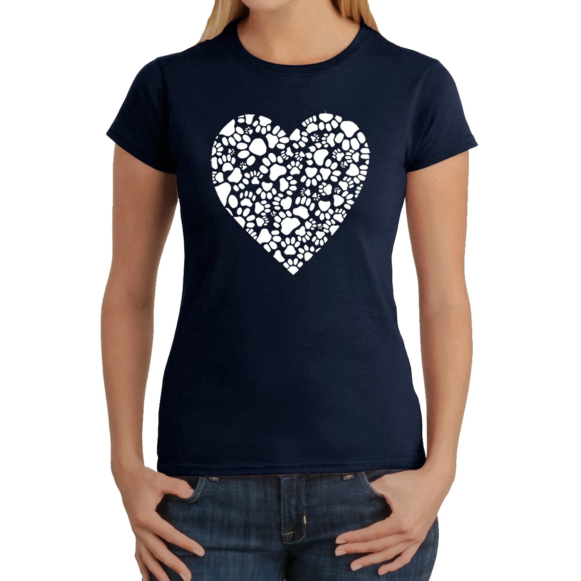 LA POP ART Women's Word Art T-Shirt with Paw Prints Heart Design - Trendy Graphic Tee for Casual Wear, Dog Lovers Gift, Perfect for Everyday Outfits & Animal Themed Events