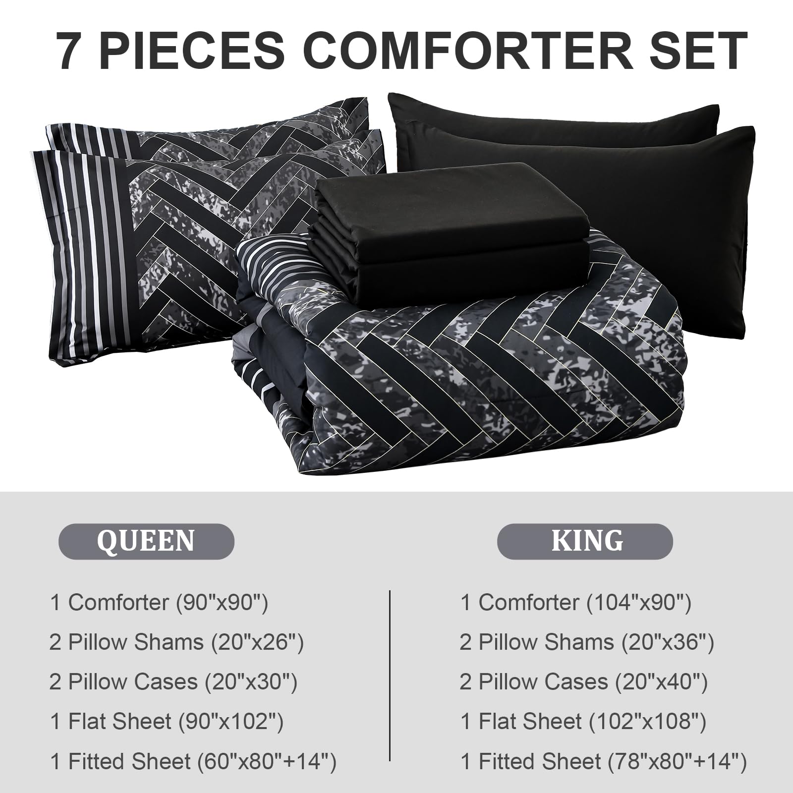 Luxudecor Black Queen Size 7-Piece Comforter Set - Geometric Stripe Bed in a Bag with Soft Microfiber Sheets | All-Season Complete Bedding Set for Cozy Bedroom Decor & Guest Room Essentials