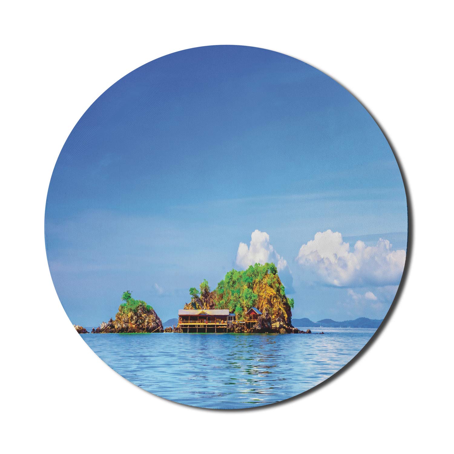 Ambesonne Round Non-Slip Rubber Gaming Mouse Pad - 8 Inch Blue & White Tropical Island Design with Pacific Ocean Sky View for Computer & Office Use | Perfect for Work, Gaming & Home Office Setup