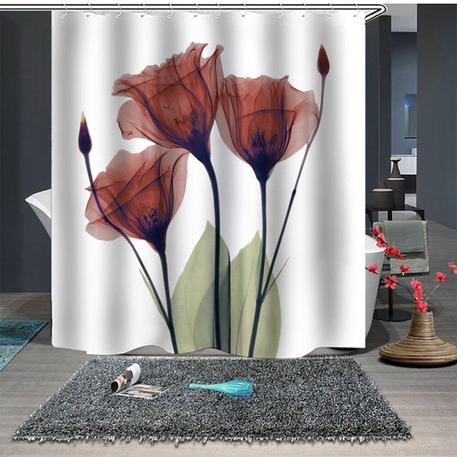 Brown Flower Printed Polyester Shower Curtain 54x84 Inches (137x213 cm) - Waterproof Bathroom Decor for Bathtub & Shower Stall - Elegant Floral Design for Modern & Vintage Bathrooms