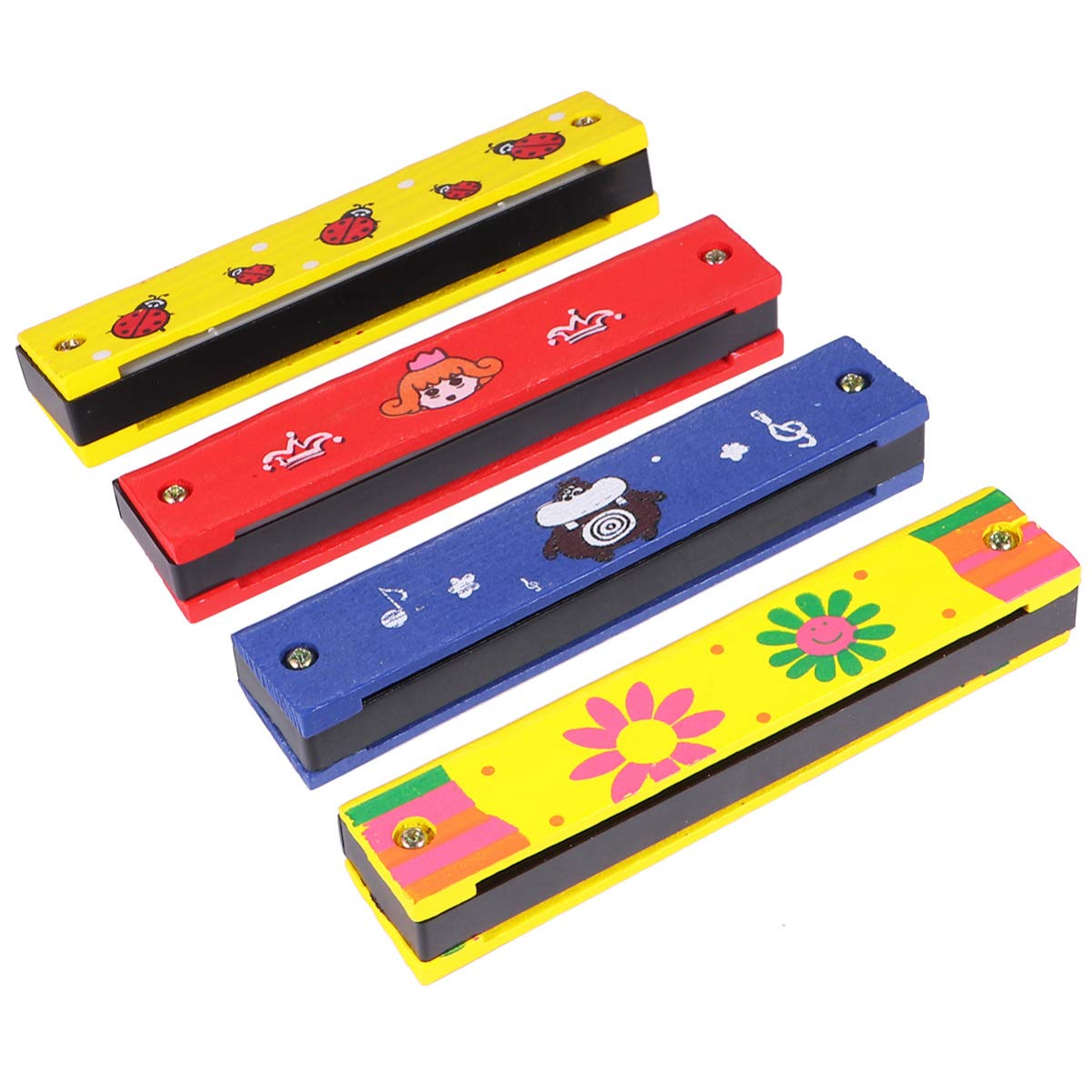 Alipis 16 Hole Wooden Harmonica Toy - Double Rows Musical Instrument for Kids - Early Education Learning Toy with Colorful Drawings (Set of 4 Random Patterns) - Perfect for Music Classes, Birthday Gifts & Preschool Learning Activities