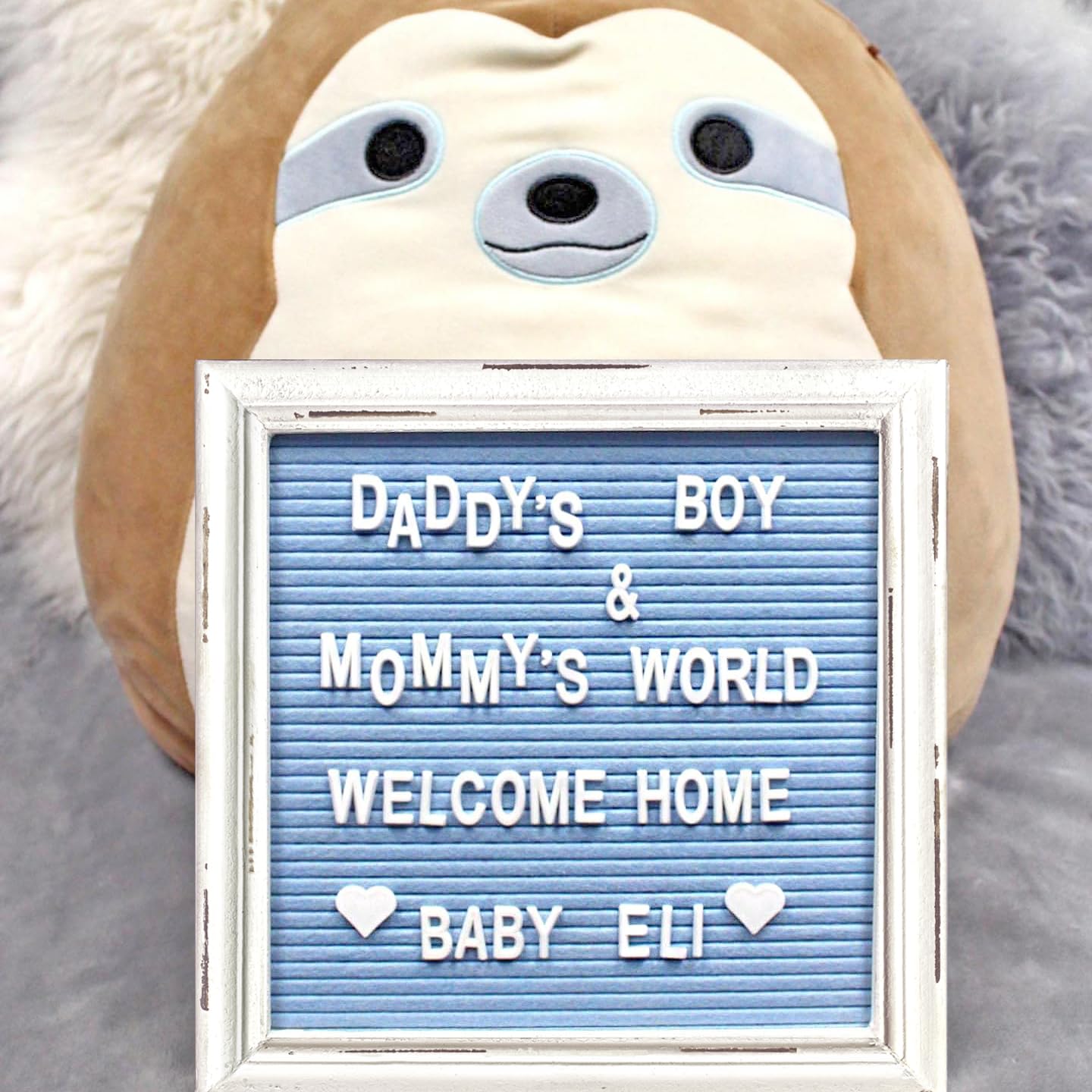 Blue Felt Letter Board with Rustic Wood White Frame - 10x10 Changeable Message Board for Baby Announcements, Rustic Farmhouse Decor - Includes 350 Letter Set & Stand - Perfect for Nursery Decor, Wedding Signs, and Home Office Organization