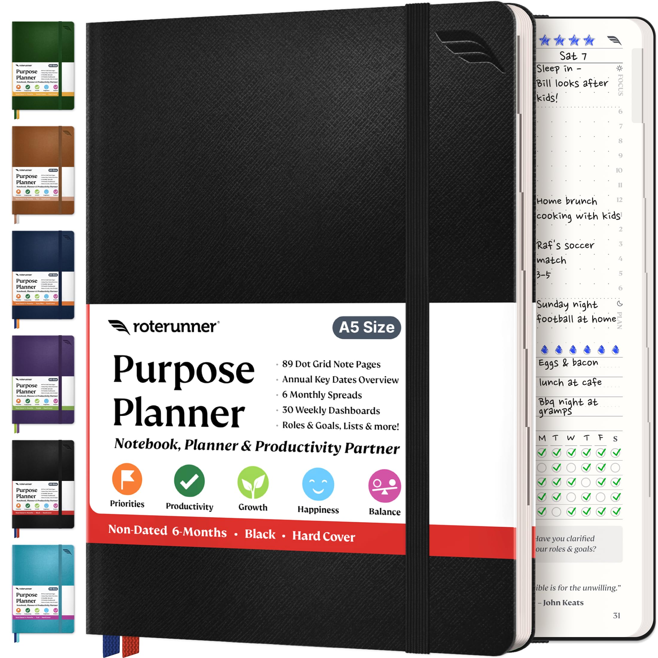 Roterunner A5 Purpose Planner Notebook - 5.8”x8.3” Undated Daily Weekly Monthly Productivity Organizer for Work, Home & ADHD - Self Care Journal & Goal Setting Tool (Black Hardcover) - Perfect for Office, School & Personal Planning