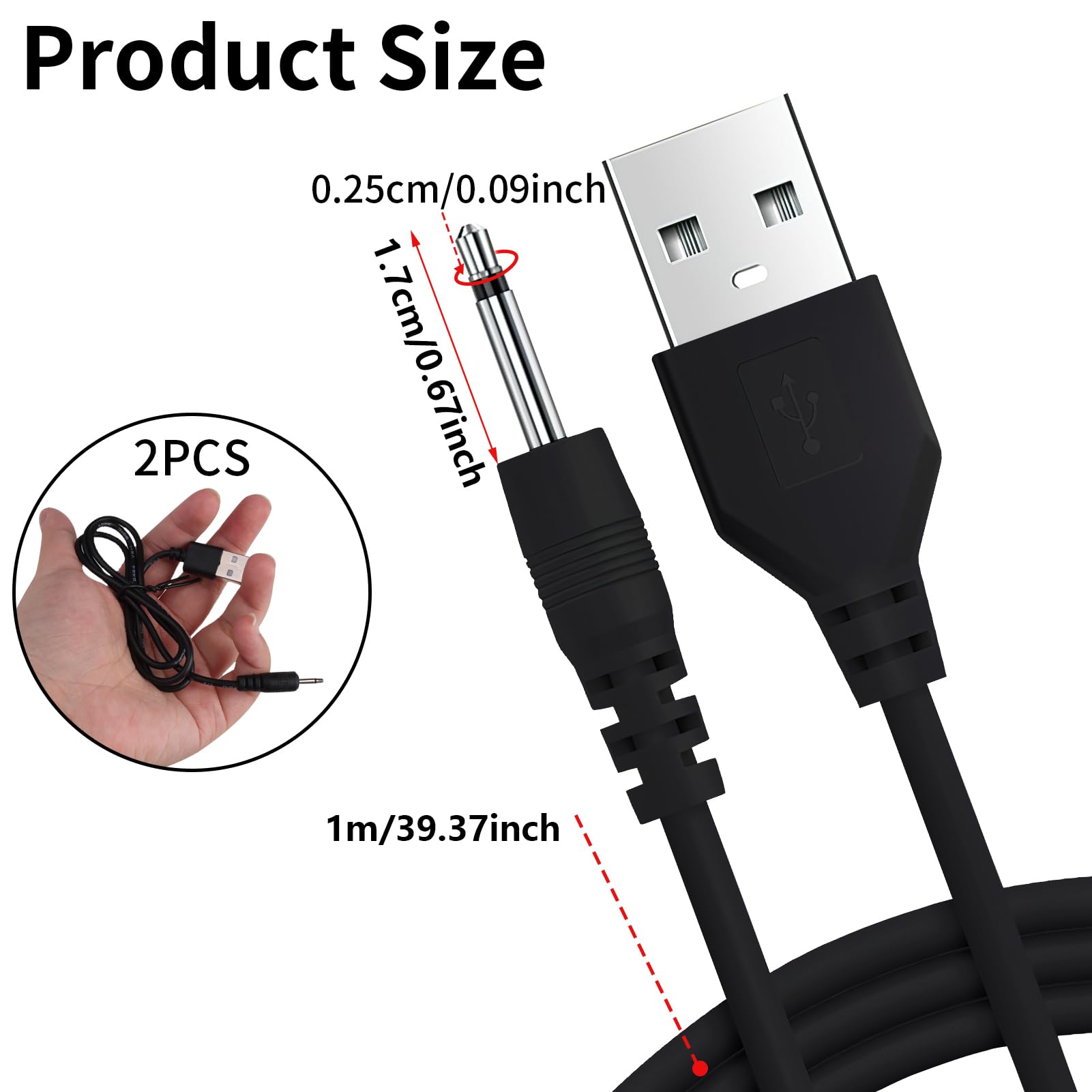 2 Pack USB to 2.5mm Male DC Charger Cable for Wireless Massagers - Fast Charging Power Cord Compatible with 5V Rechargeable Devices - Perfect for Home Massage, Spa Treatments & Relaxation Therapy