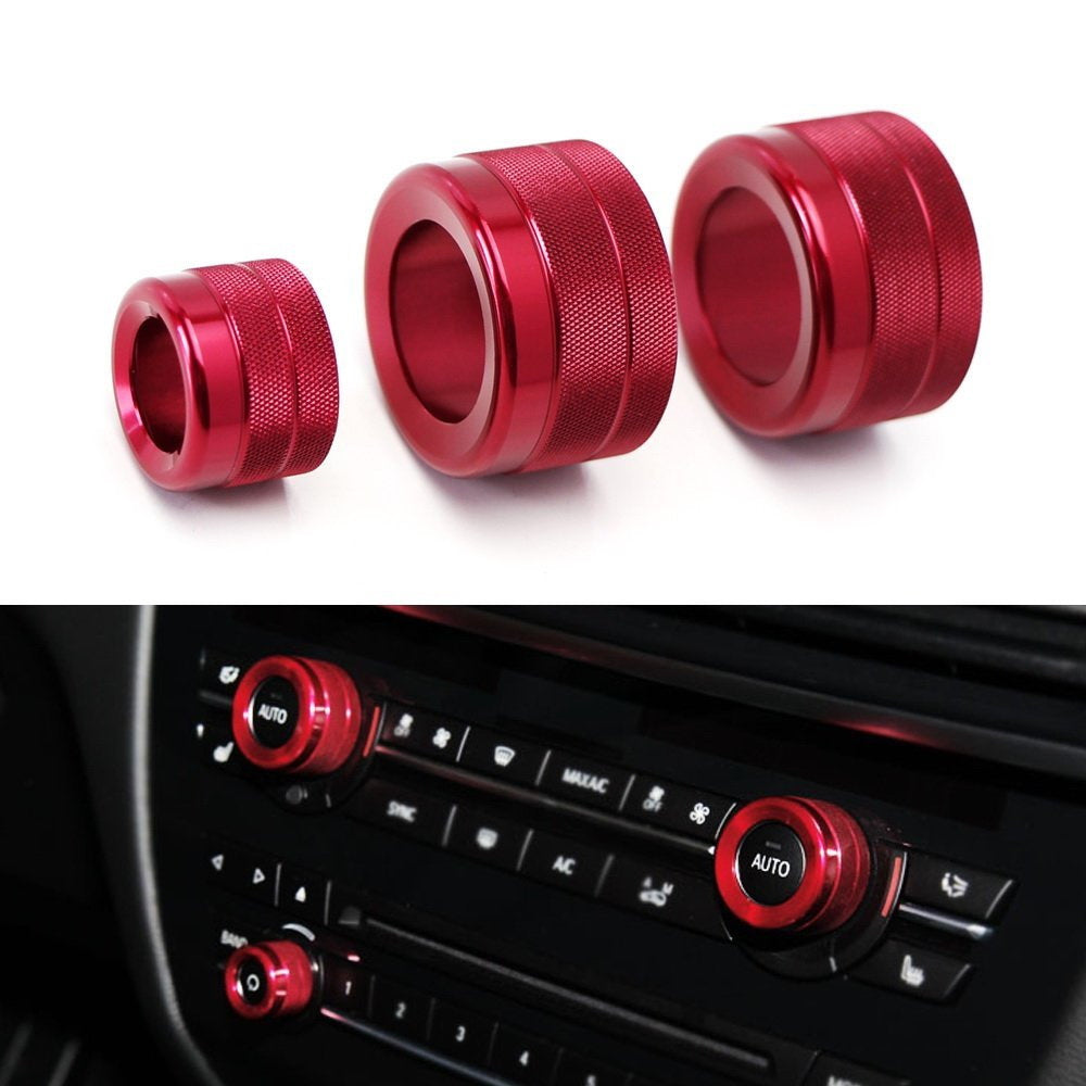 3-Piece Red AC Climate Control & Radio Volume Knob Ring Covers for BMW 5 6 7 Series - Interior Car Accessories Upgrade for Enhanced Grip & Style