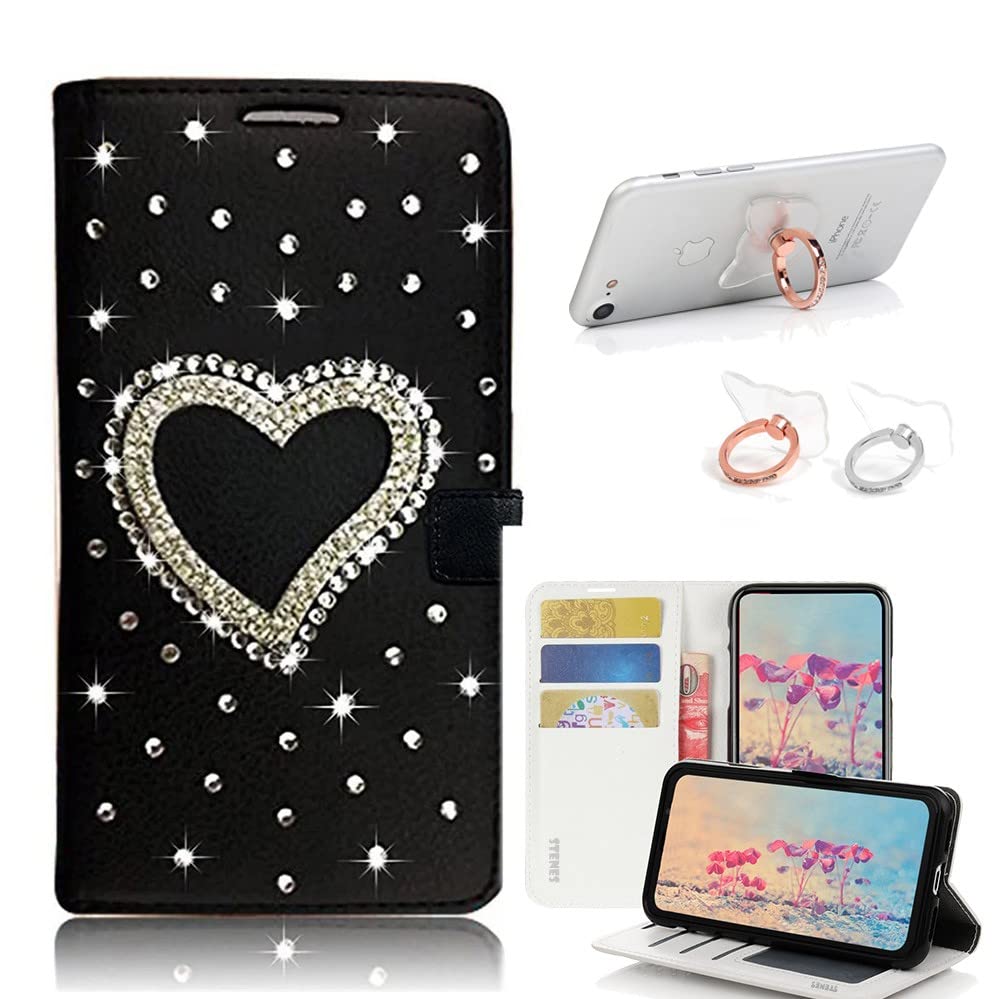 STENES Bling Wallet Case for iPhone 7 Plus/8 Plus - 3D Handmade Heart Design Leather Cover with Card Slots & Ring Stand Holder [2 Pack] - Stylish Protective Phone Case for Women - Perfect for Daily Use, Shopping & Travel