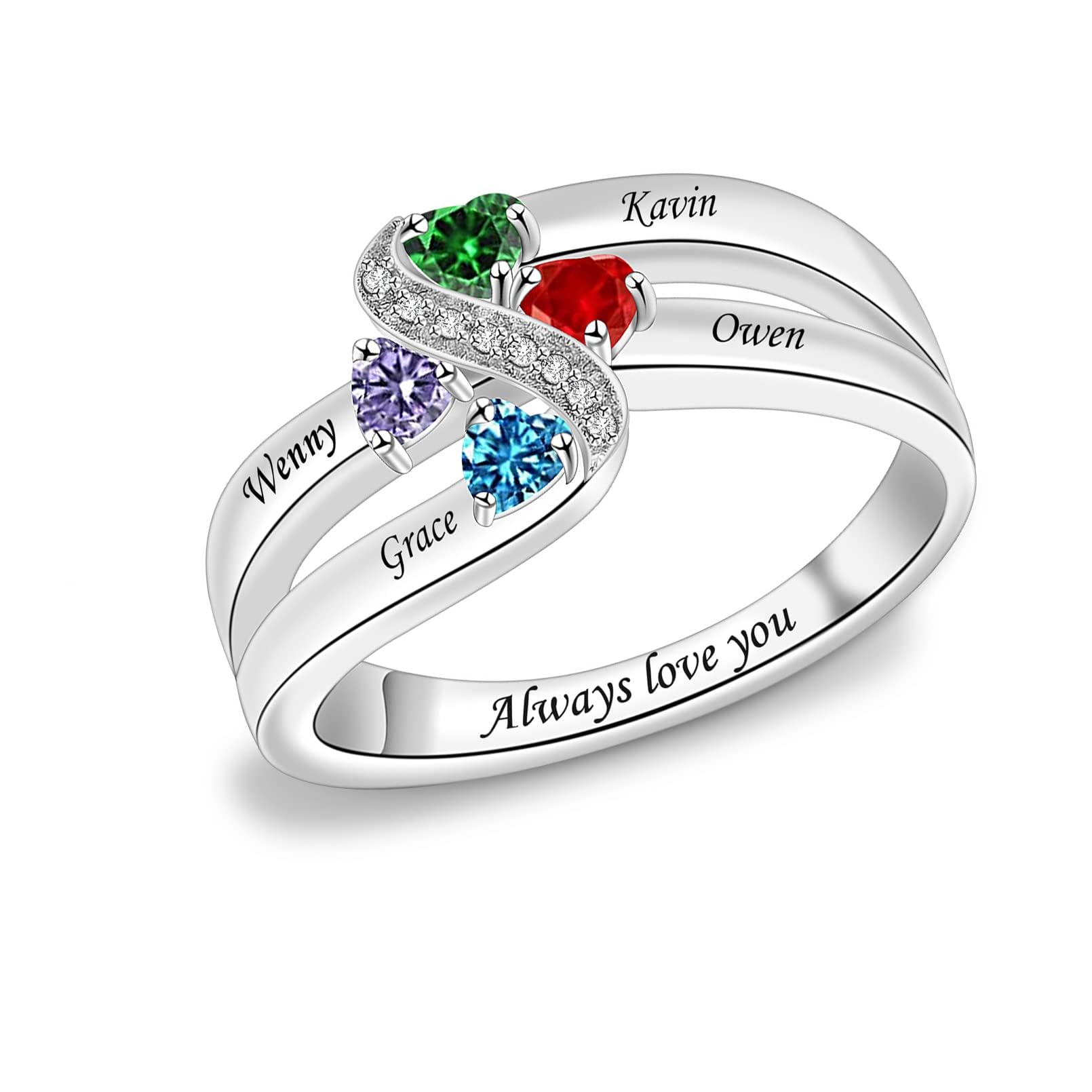 Personalized Sterling Silver Mothers Rings with 1-6 Birthstones - Custom Engraved Family Name Rings for Women, Mom, Grandma & Nana - Perfect Gift for Mother's Day, Birthday & Anniversary