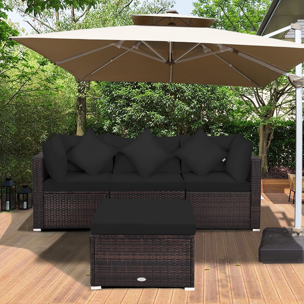 Tangkula 4-Piece Patio Rattan Sofa Set - Outdoor Wicker Sectional Furniture with Removable Cushions & Pillows - Black Garden Conversation Set for Backyard, Porch, Poolside, Balcony & Patio Decor