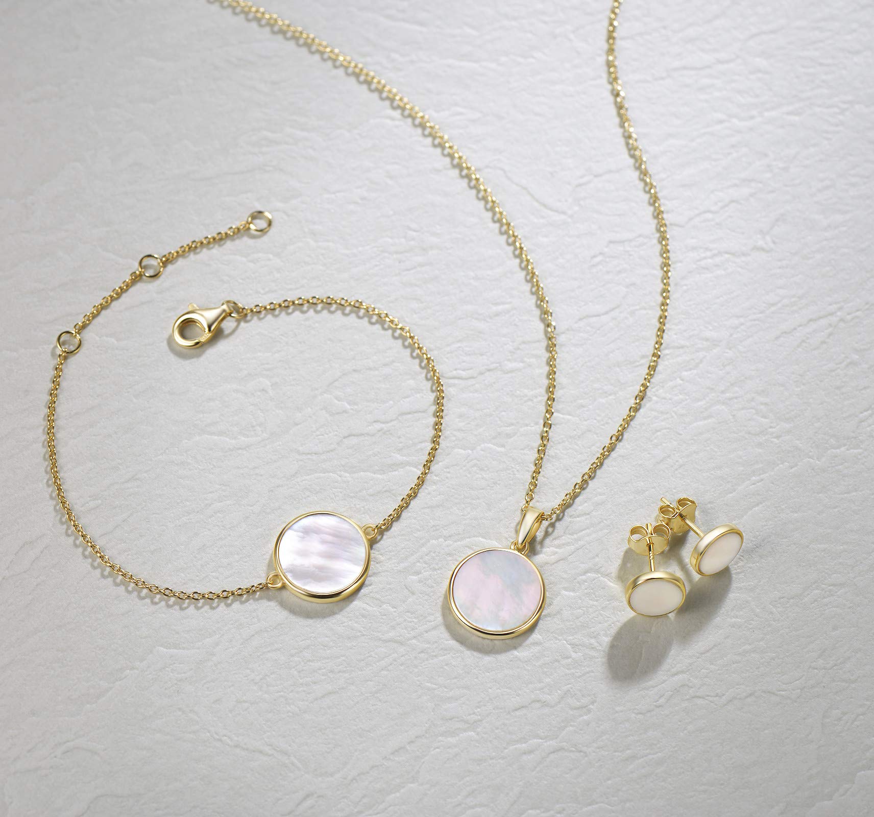 14K Solid Gold Coin Necklace & Bracelet Set for Women - Mother of Pearl, Abalone, Turquoise, Black Onyx, Opal Jewelry - Elegant Anniversary, Birthday Gifts for Wife, Mom, Her - Perfect for Weddings, Parties, Special Occasions