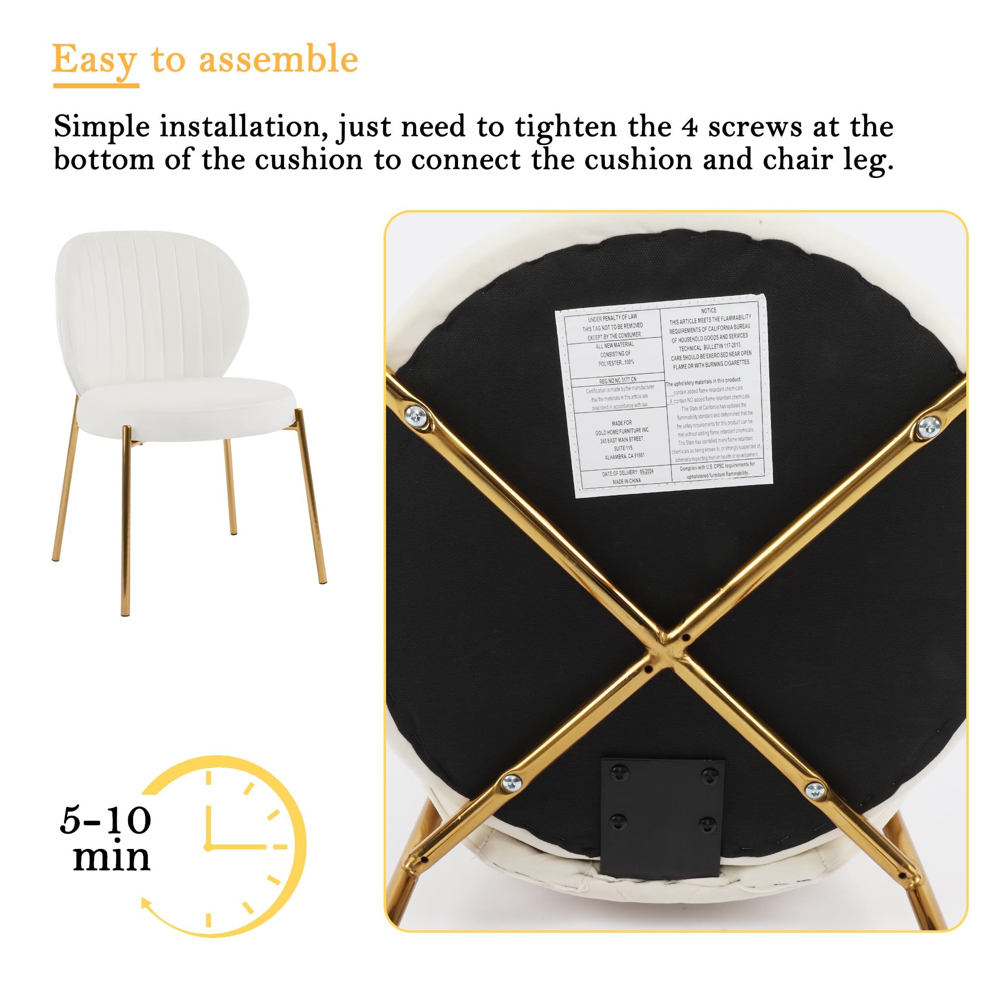 DAGONHIL Mid Century Modern Velvet Dining Chairs Set of 2 - Yellow Upholstered Vanity Chairs with Golden Metal Legs for Kitchen, Dining Room, Living Room & Bedroom (2PCS, White) - Perfect for Home Decor & Small Spaces