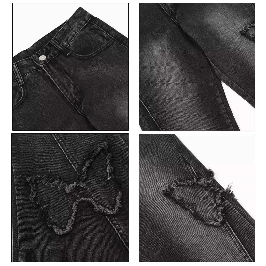 Women's Y2K Butterfly Print Flared Bell Bottom Jeans - Baggy Retro High Waist Pants for Casual & Party Outfits