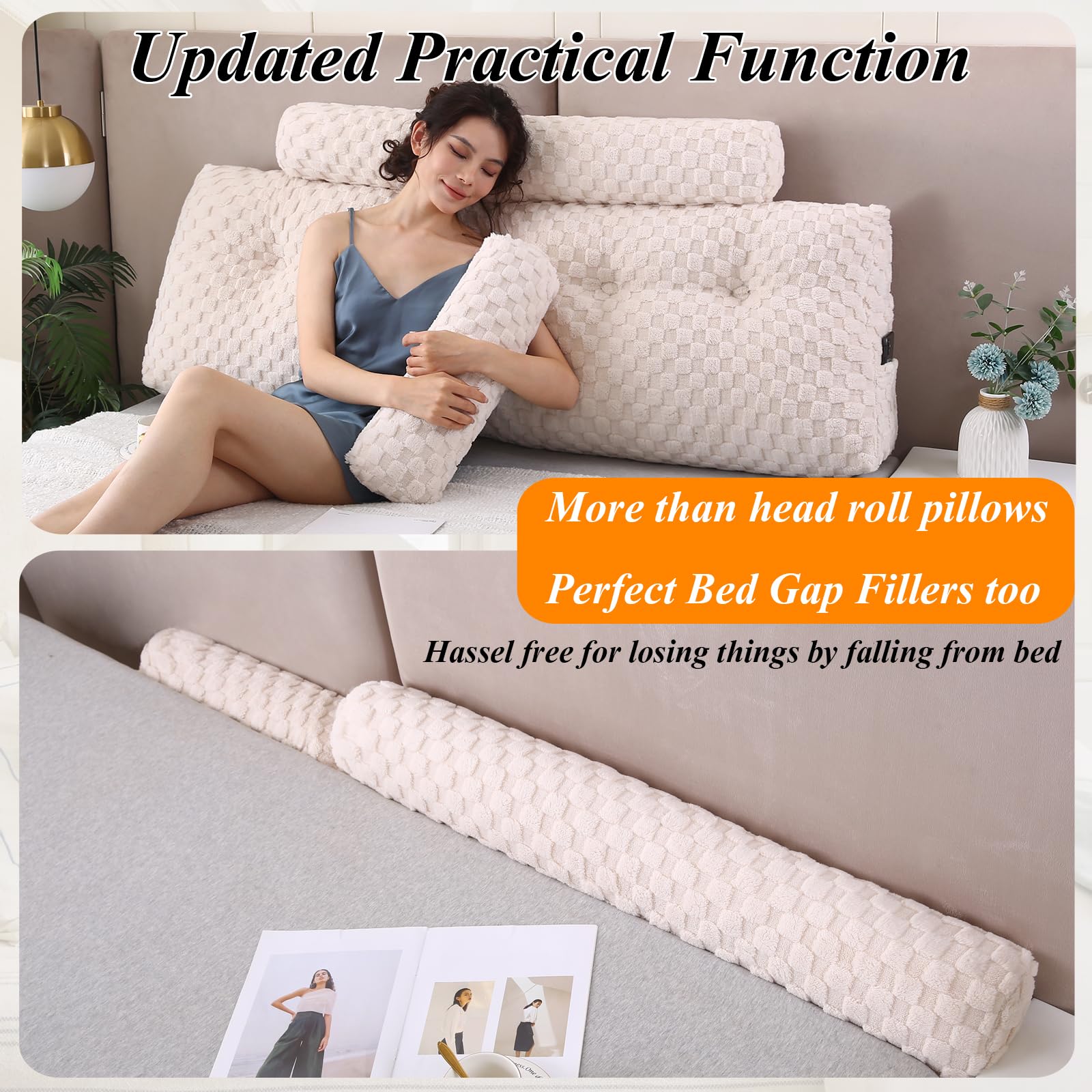 **Large Wedge Headboard Pillows Set - Long & Short Bolster Pillows for Bed Backrest, Sitting Comfort, Reading & Relaxing in Bed**