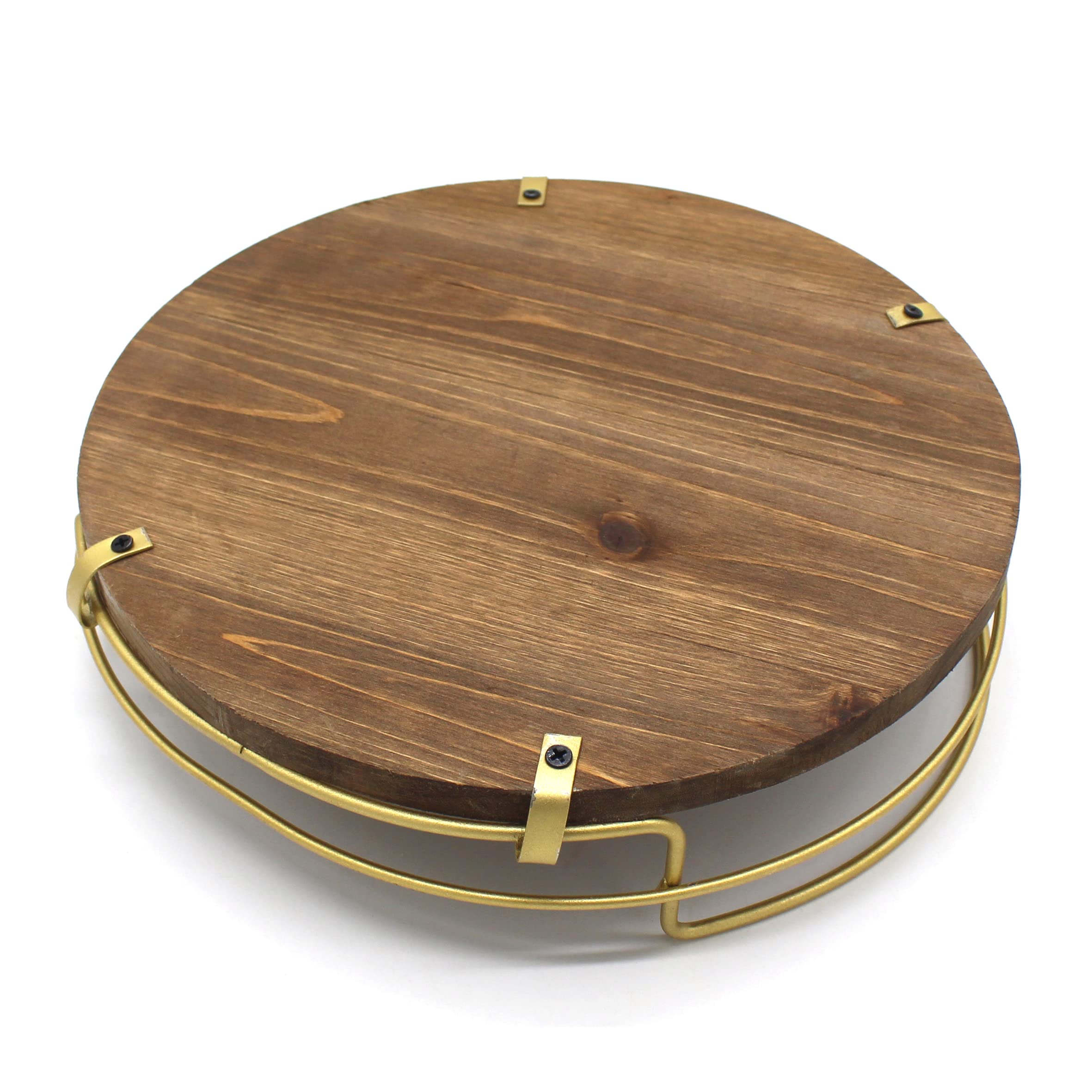 CVHOMEDECO Round Wood Serving Tray with Golden Metal Handles - Elegant Decorative Tray for Breakfast in Bed, Dining, Coffee Table & Party Serving | Perfect for Kitchen, Ottoman, BBQ & Home Decor