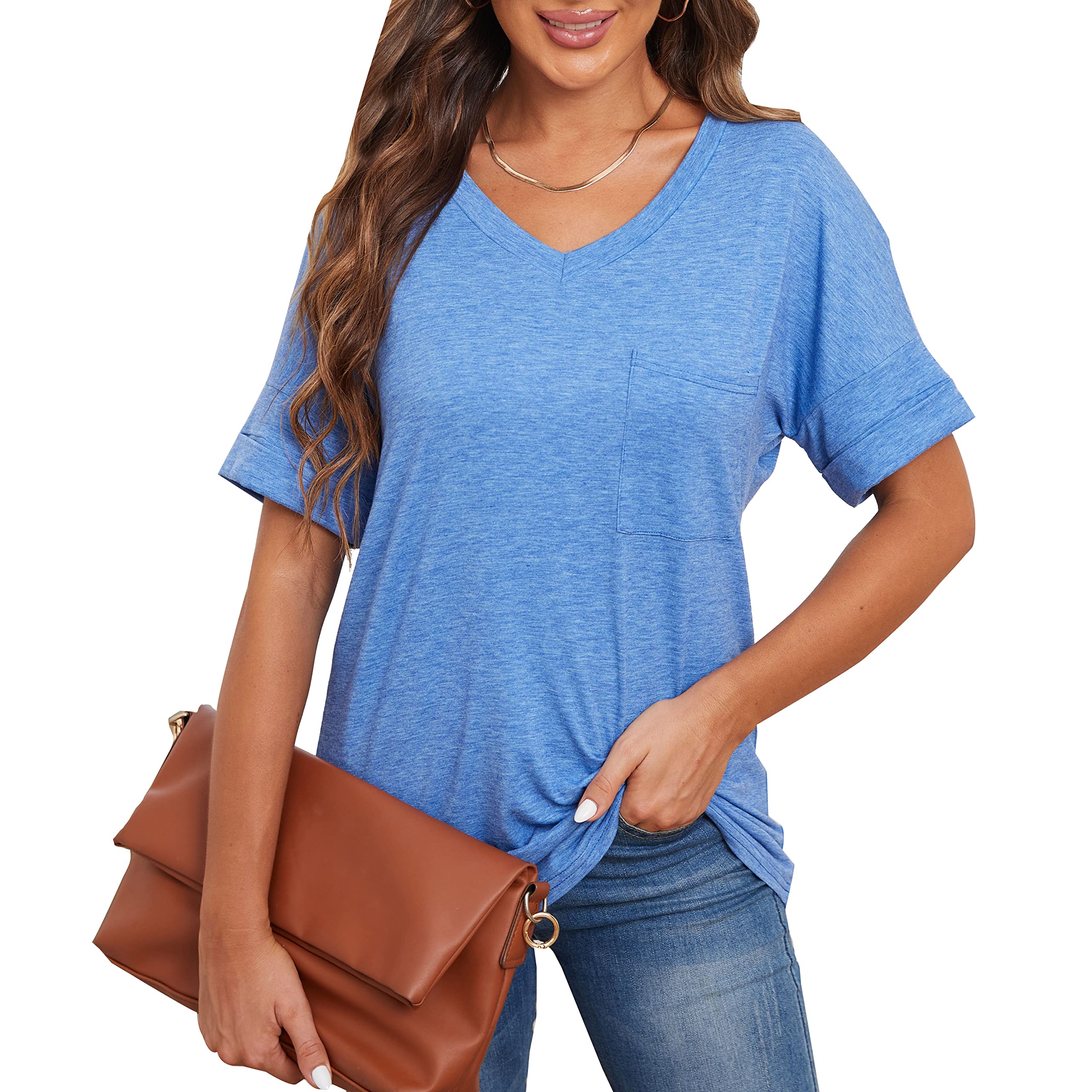 Women's Casual V-Neck Short Sleeve Loose Fit T-Shirts - Breathable Summer Tee Tops for Everyday Wear, Workout & Outfits | Hellopopgo