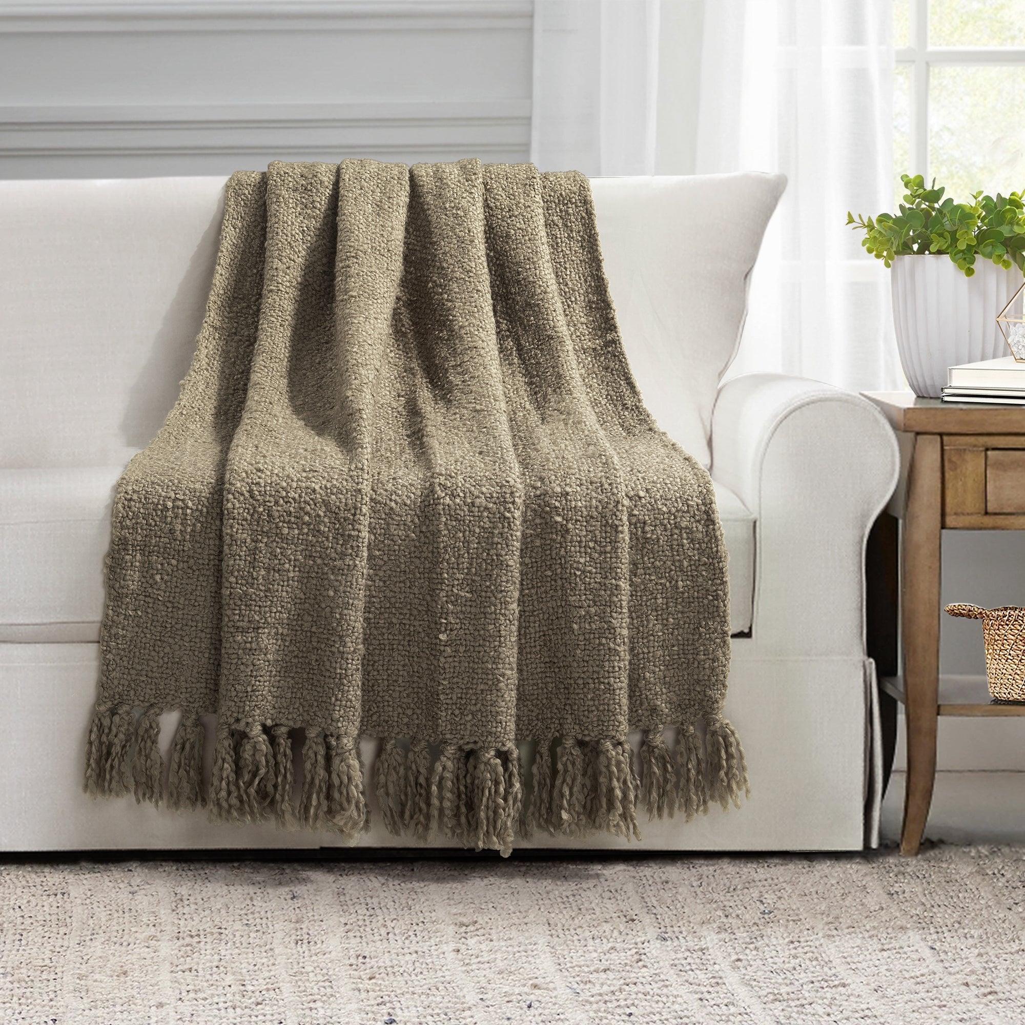Tulum Boucle Textured Woven Fringed Throw Blanket - Soft Cozy Knit Blanket for Couch, Bed & Sofa - Perfect for Living Room, Bedroom & Home Decor