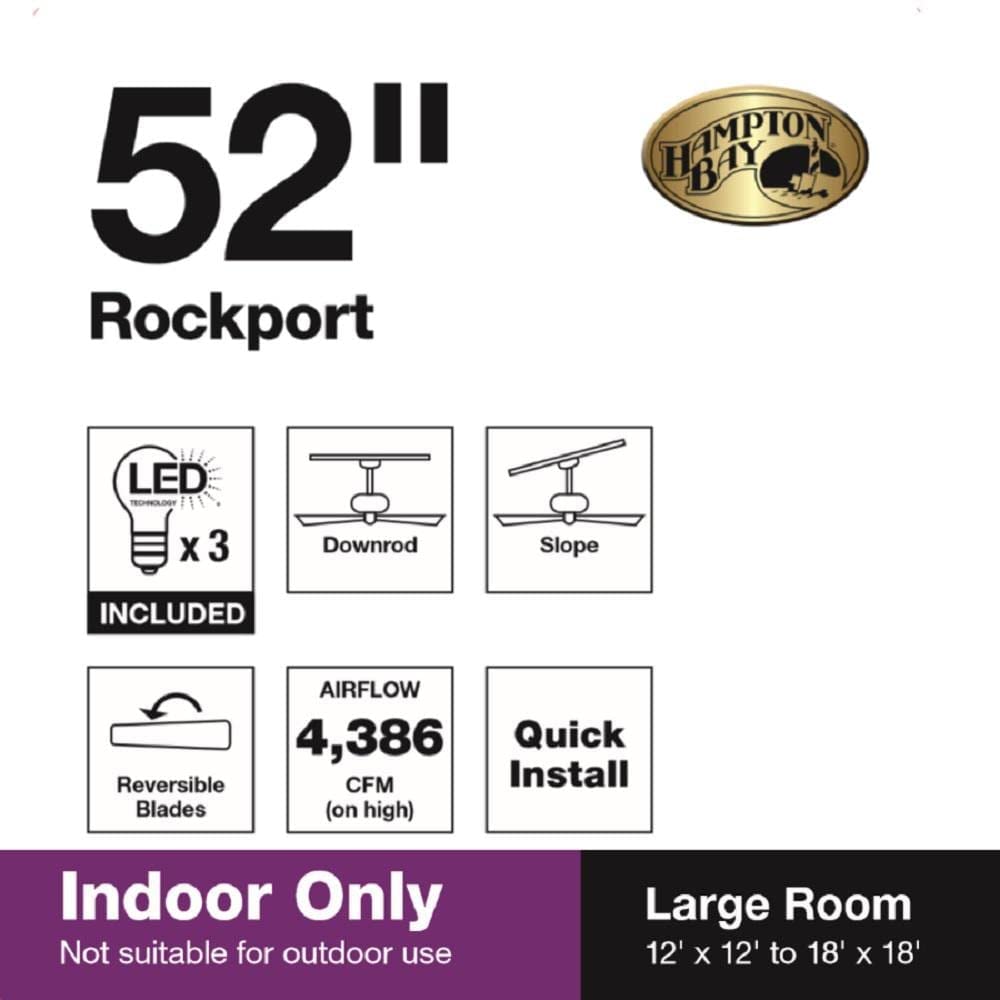 Hampton Bay Rockport 52 Inch Bronze LED Ceiling Fan with Light Kit - Energy Efficient Indoor/Outdoor Cooling for Living Room, Bedroom, Patio