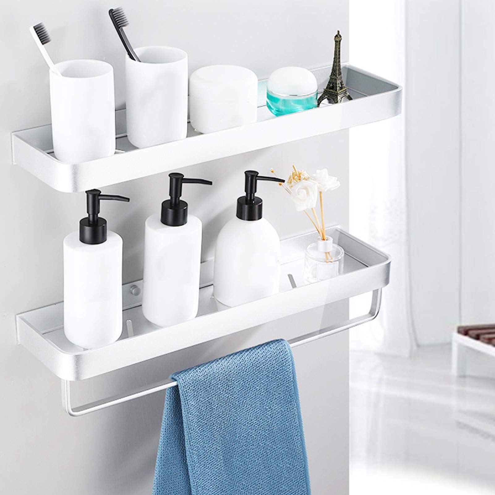 Wall Mount Aluminum Shower Shelf - Single Layer Bathroom Storage Rack with Hanging Rod & Hooks (50cm) - Perfect for Organizing Shampoo, Soap & Towels in Small Bathrooms