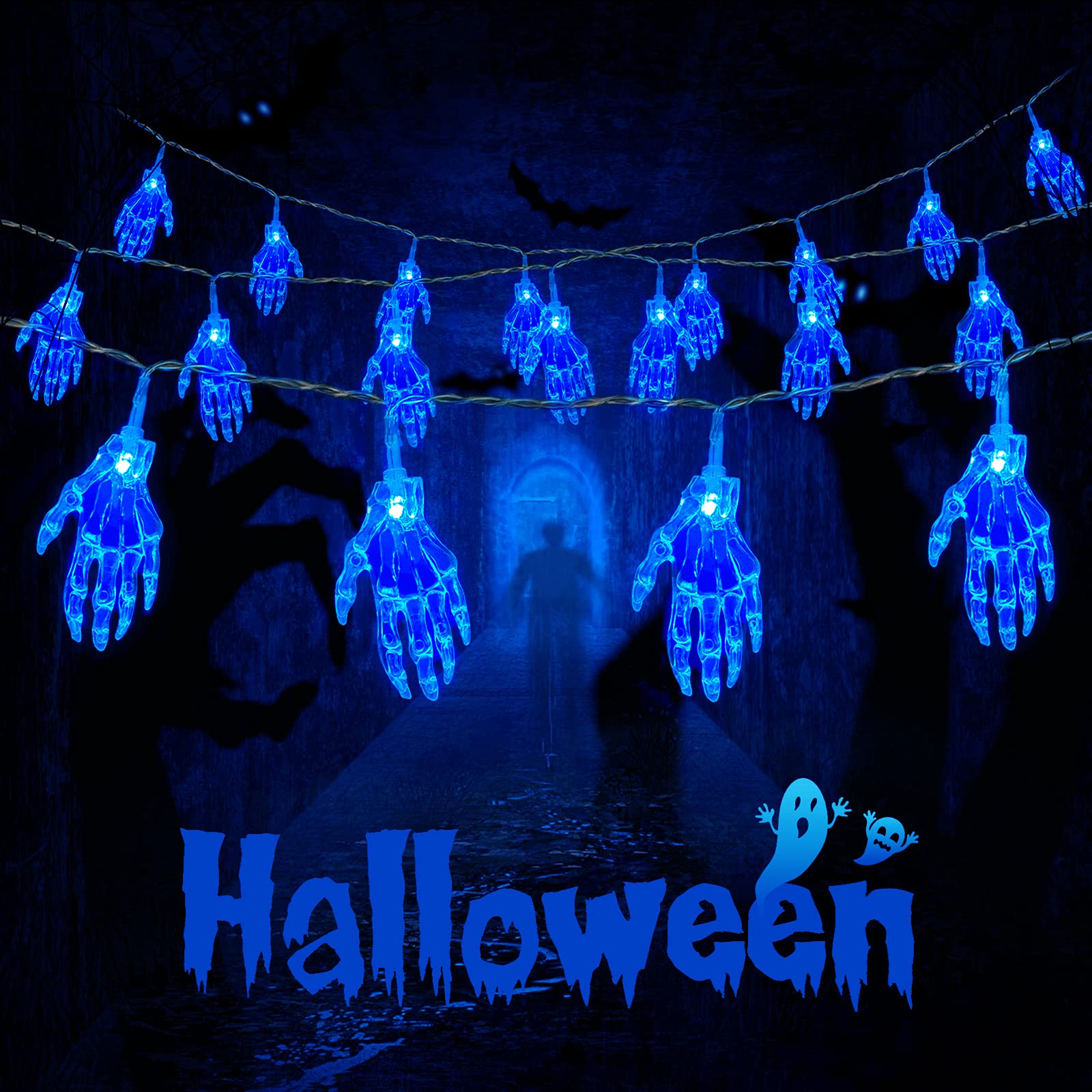 JMEXSUSS 15.2ft Halloween Skeleton Hand String Lights - 30 LED Battery Operated Decor for Indoor & Outdoor Halloween Party, Cosplay, Home Decoration (Blue) | Perfect for Halloween Yard Displays, Spooky Room Decor, and Themed Party Lighting