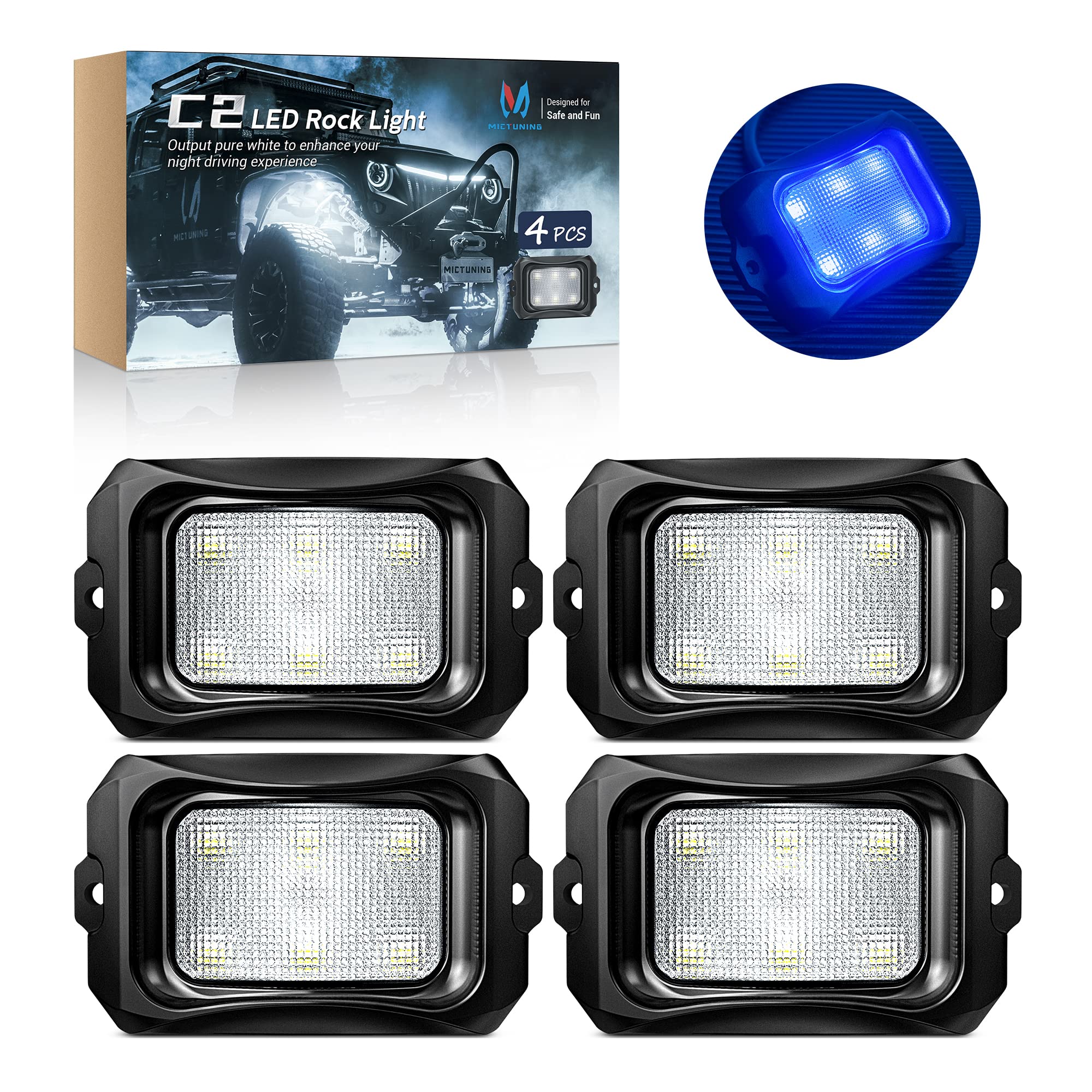 MICTUNING C2 Curved Blue LED Rock Lights - 4 Pods Underglow Kit for Cars, Trucks, Offroad Vehicles, ATV, UTV & Boats | Waterproof Off-Road Lighting for Night Driving, Car Shows & Underbody Decoration