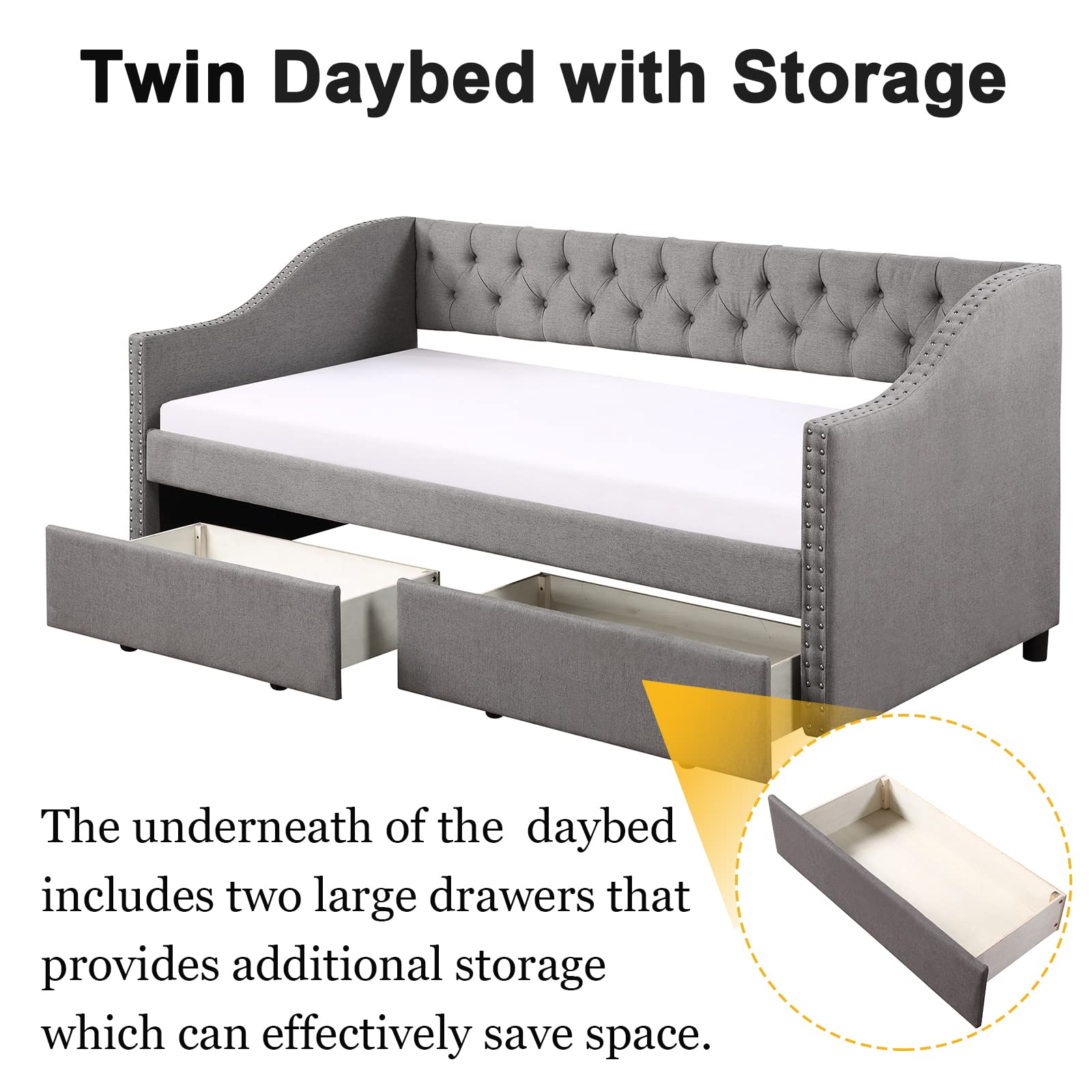 Modern Upholstered Daybed with Storage | Wood Twin Daybed with Drawers | Tufted Sofa Bed with Nailhead Trim for Living Room & Bedroom (Grey) | Perfect for Guest Rooms, Small Spaces & Multi-Functional Furniture Needs