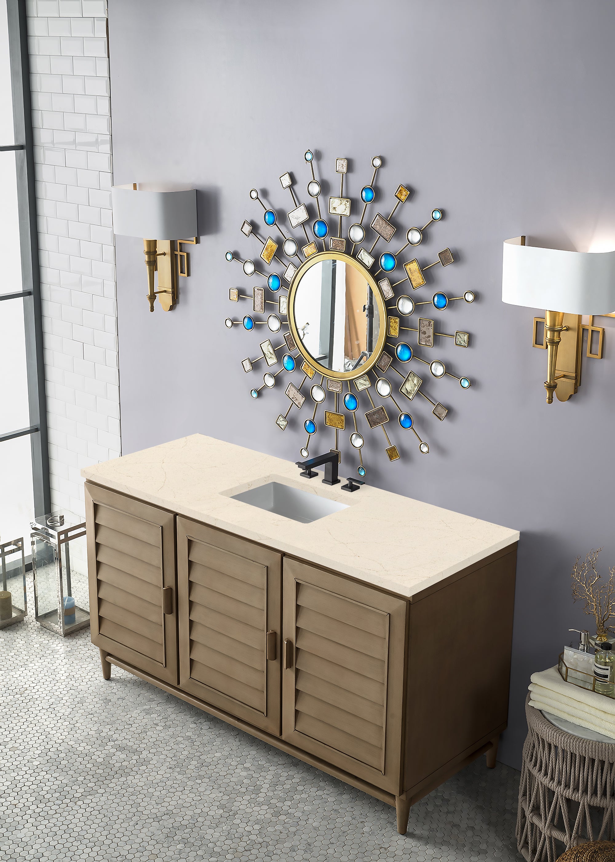 Portland 60 Inch Single Bathroom Vanity with Whitewashed Walnut Finish & 3CM Eternal Marfil Quartz Countertop - Perfect for Modern Farmhouse, Coastal, or Transitional Bathroom Designs