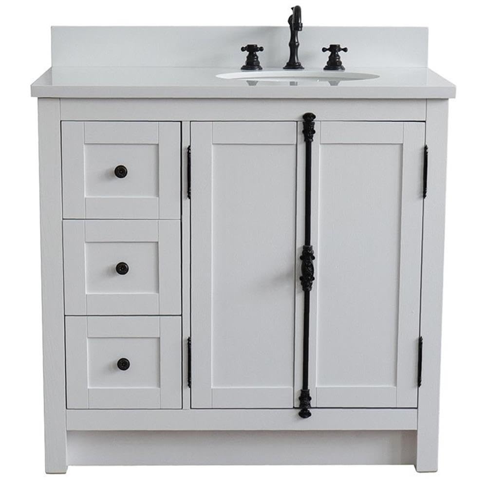 White/Glacier Ash Plantation Solid Wood Bathroom Vanity with Right Oval Sink - Perfect for Modern Farmhouse, Coastal, or Traditional Bathroom Decor