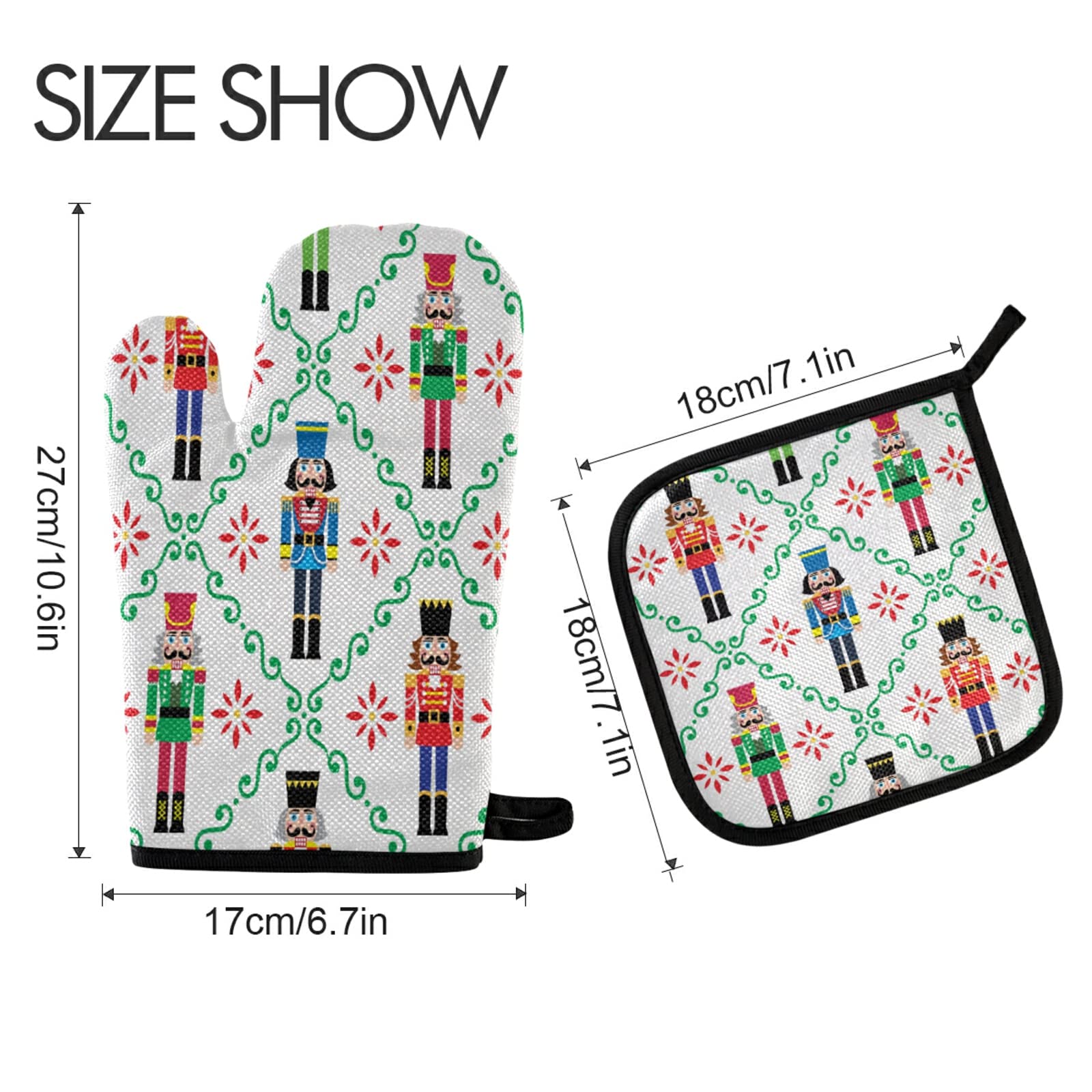 Christmas Nutcracker Oven Mitts & Pot Holders Set - Heat Resistant Kitchen Gloves for Baking, Cooking & BBQ - Festive Holiday Soldier Design for Xmas Decor & Gift
