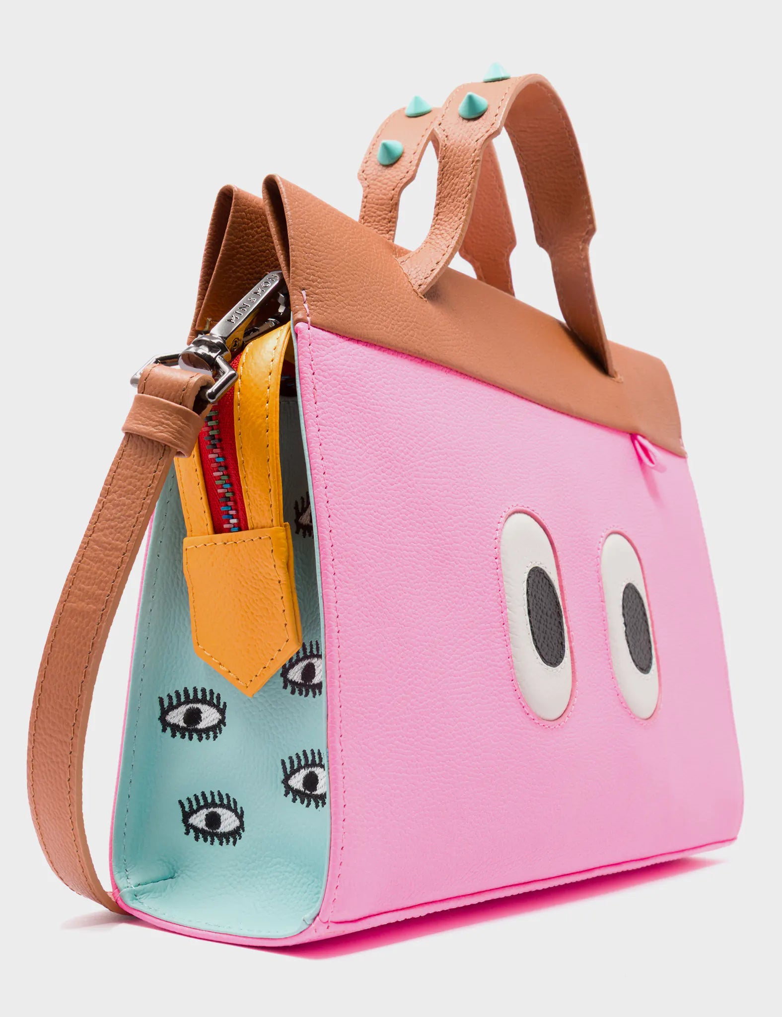 Vali Crossbody Small Leather Bag in Caramel & Taffy Pink with All Over Eyes Embroidery - Perfect for Women's Daily Use, Travel & Fashion Accessories