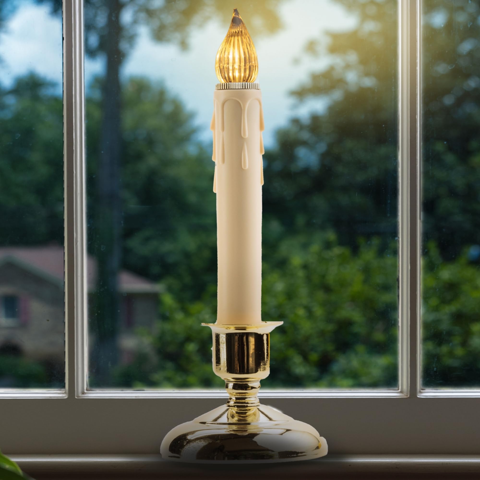 IMC Cape Cod Battery-Operated LED Window Candles with Timer - Set of 4 Realistic Wax Drip Brass Candles (9.5 Inch) - Perfect for Christmas Decor, Holiday Lighting & Home Ambiance