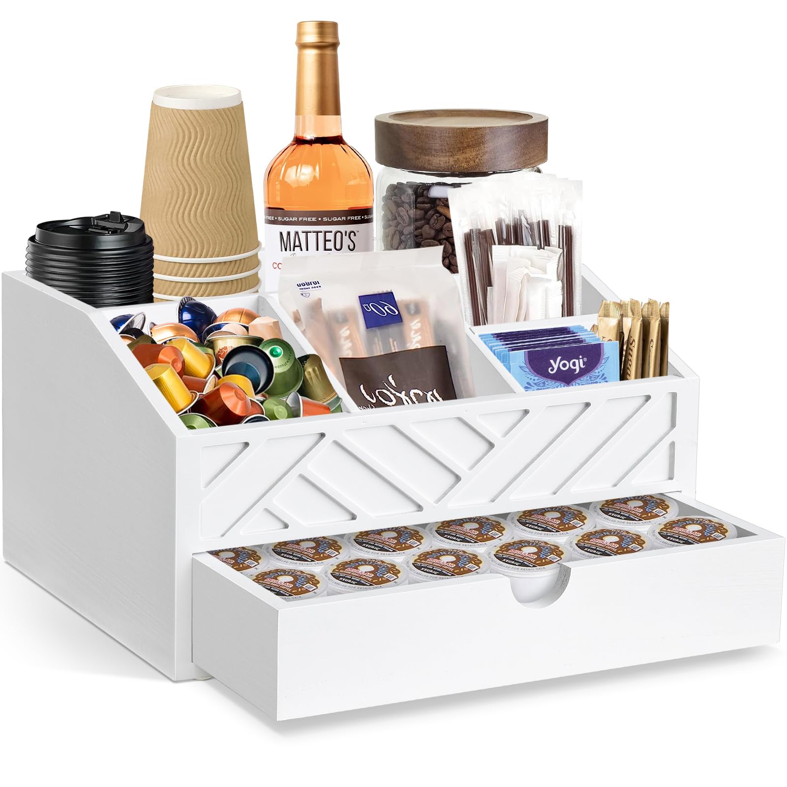 Wooden Coffee Bar Organizer with Drawer - Countertop Coffee Station Organizer for K-Cups, Spoons & Condiments - Farmhouse Style Coffee Accessories Holder for Home, Office & Kitchen Decor (White) - Perfect for Organizing Coffee Pods, Creamers & Sweeteners in Your Coffee Corner