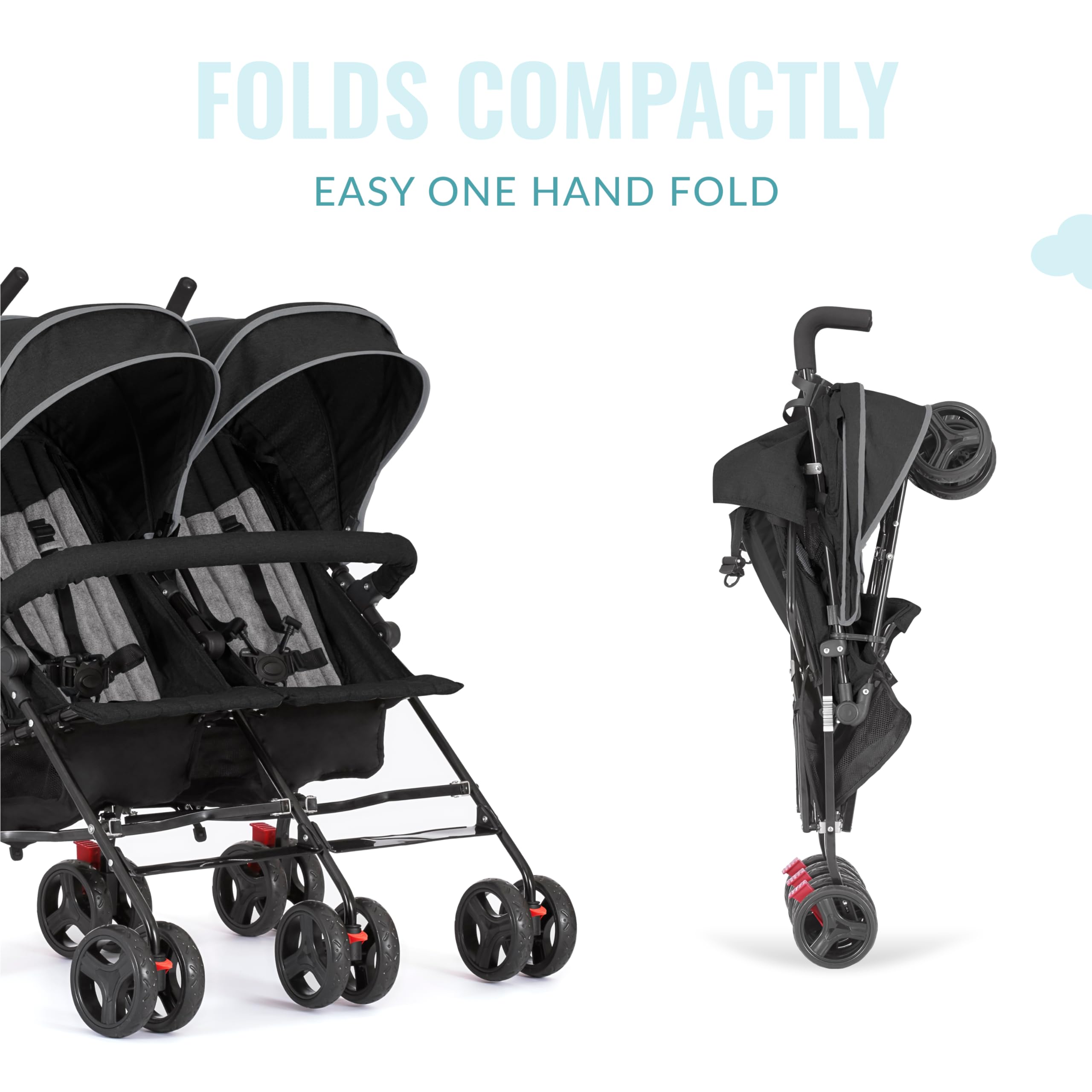 Dream On Me Volgo Twin Umbrella Stroller - Lightweight Double Stroller for Infant & Toddler (0-50 lbs), Compact Foldable Design with Large Storage Basket & Adjustable Canopy | Perfect for Travel, Shopping & Daily Walks with Twins