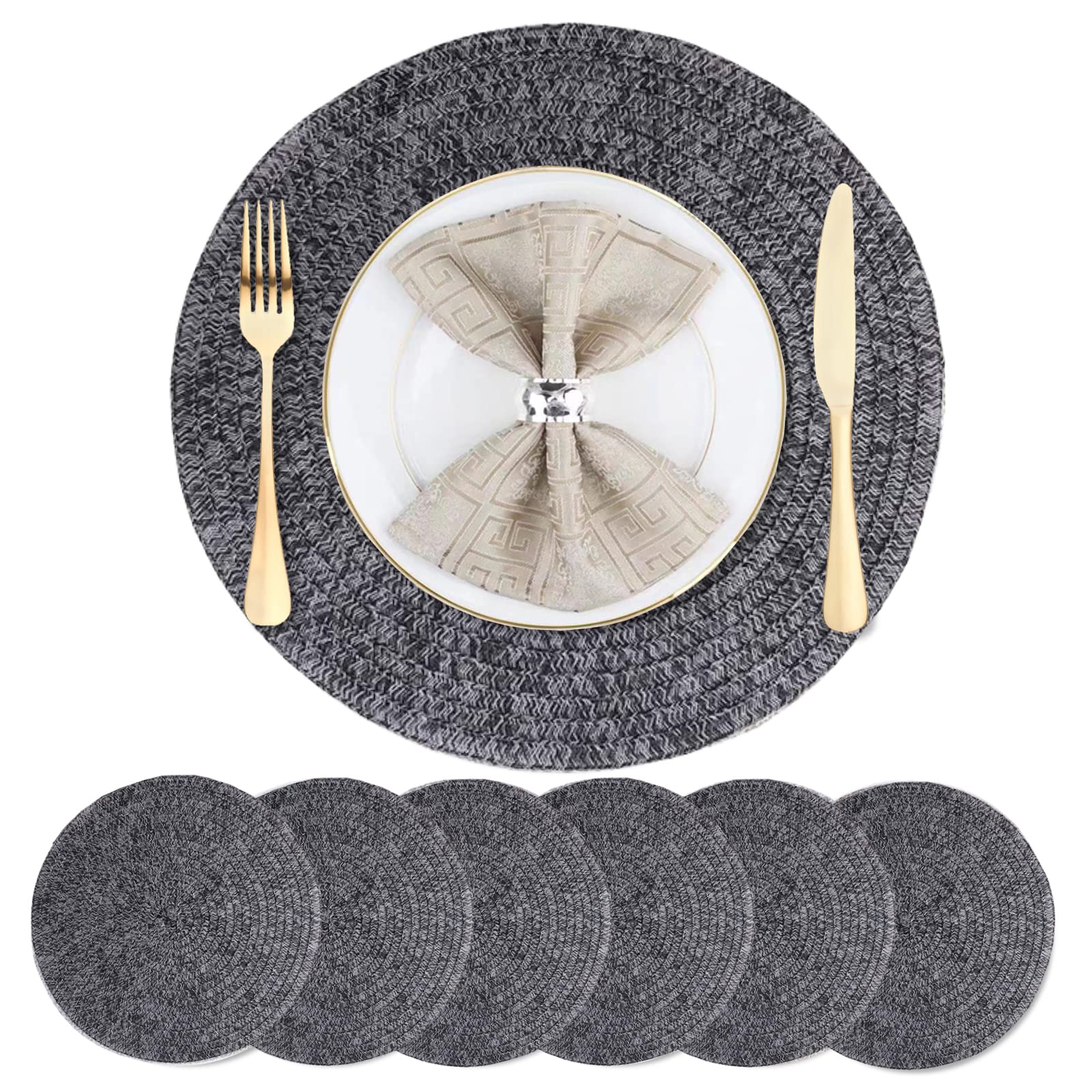 DACHUI 15 Inch Round Placemats Set of 6 - Washable Dark Grey Table Mats for Dining Room, Kitchen, and Outdoor Picnics - Non-Slip Waterproof Place Mats for Everyday Use and Special Occasions